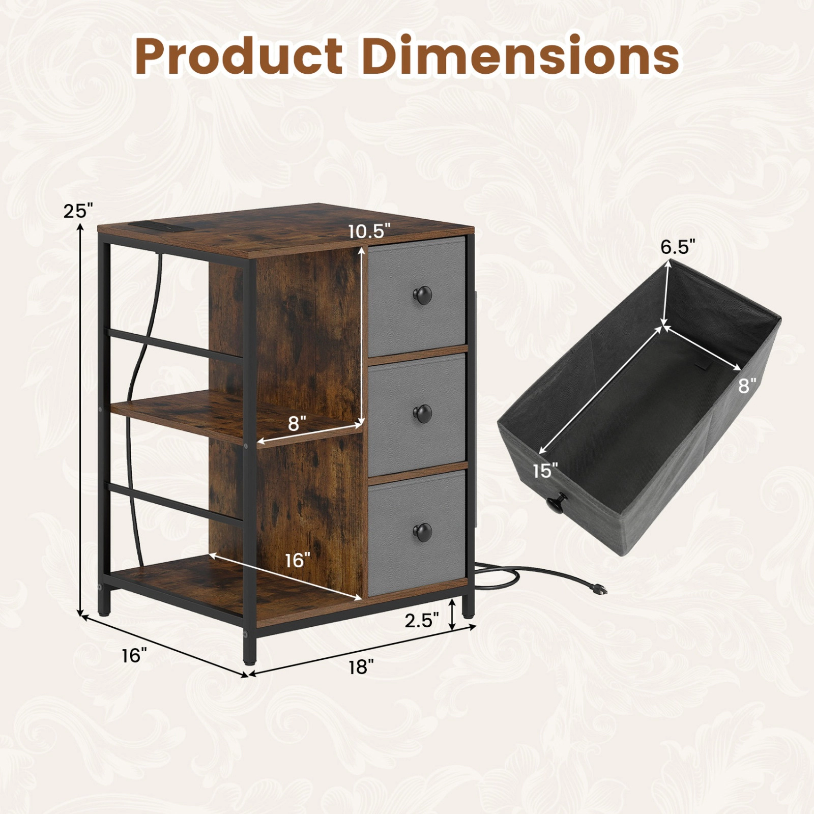 SUGIFT Industrial Nightstand Rustic Brown with Charging Station Fabric Drawers and Side Pockets