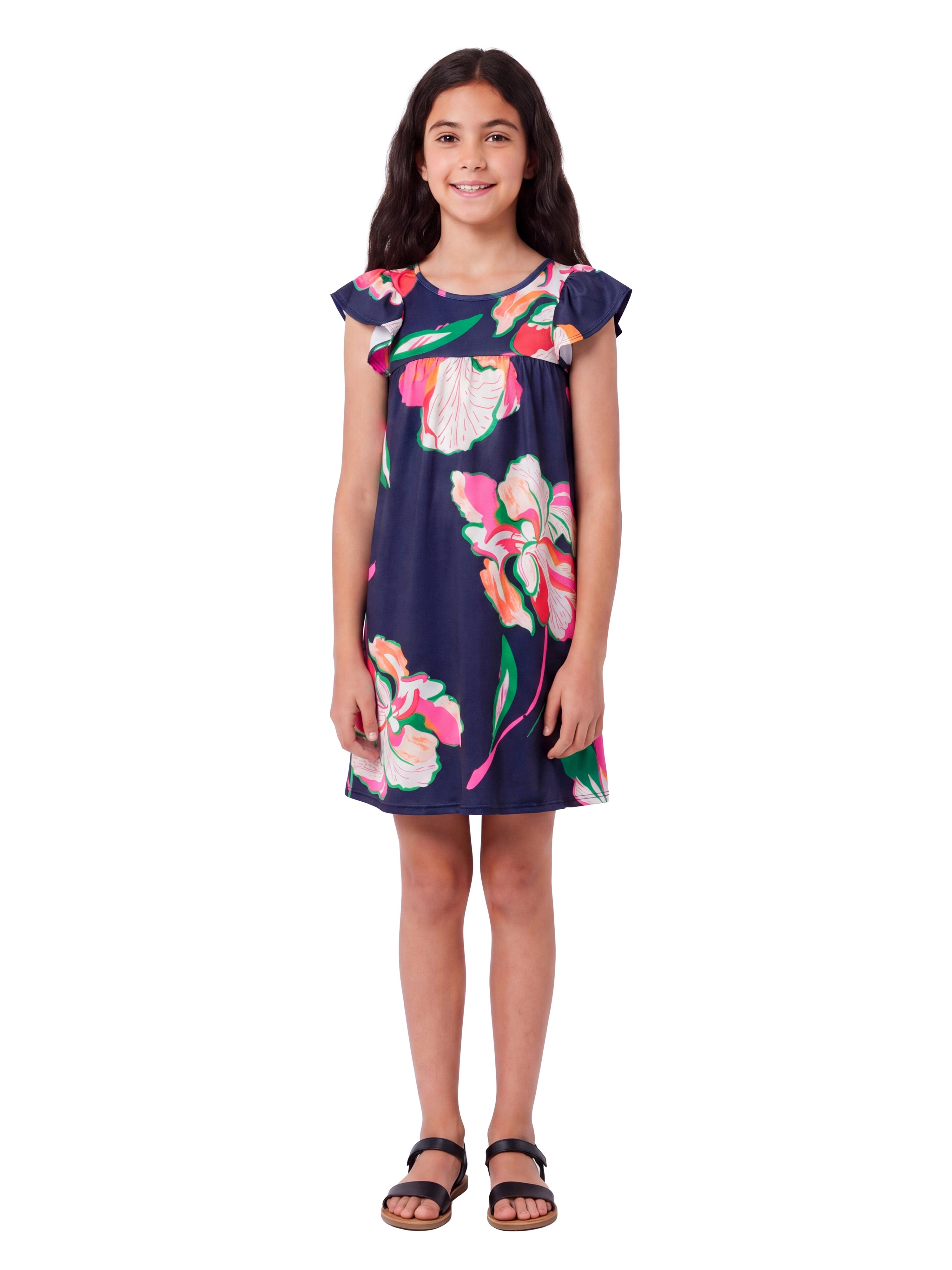 24sevenKid Essential Girls Navy Blue Floral Print Cap Sleeve Babydoll Dress