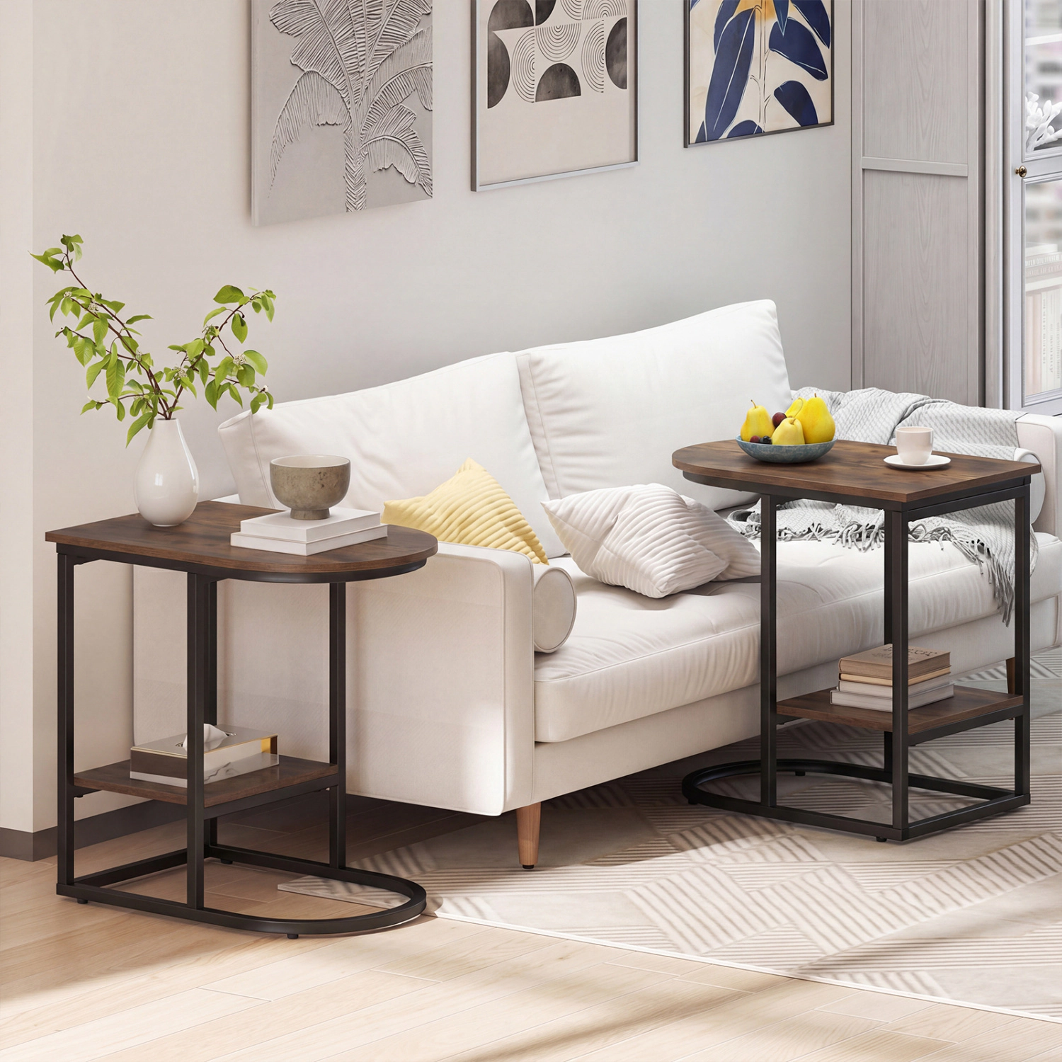SlickBlue Set of 2 Modern C Table with Metal Frame and Marble Style Top