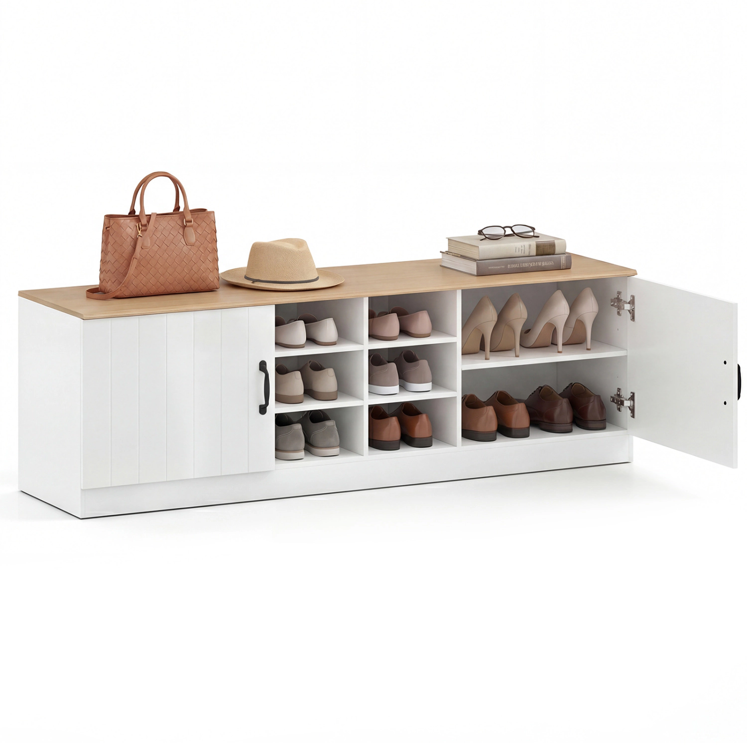 Glintex 59-Inch Shoe Bench with 6 Storage Compartments and Double Doors