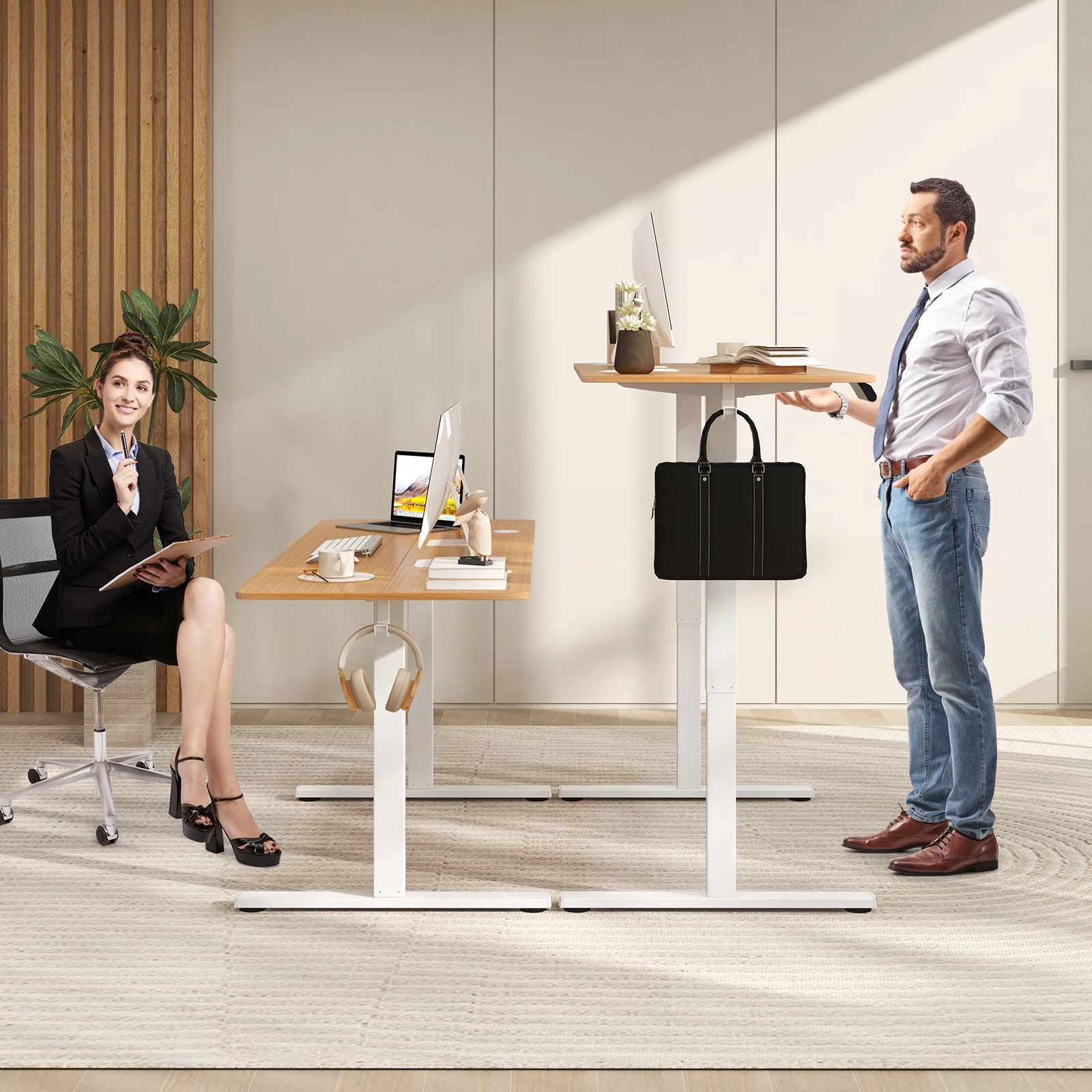 SUGIFT 63 in x 24 in Natural Electric Standing Gaming Desk with Hooks