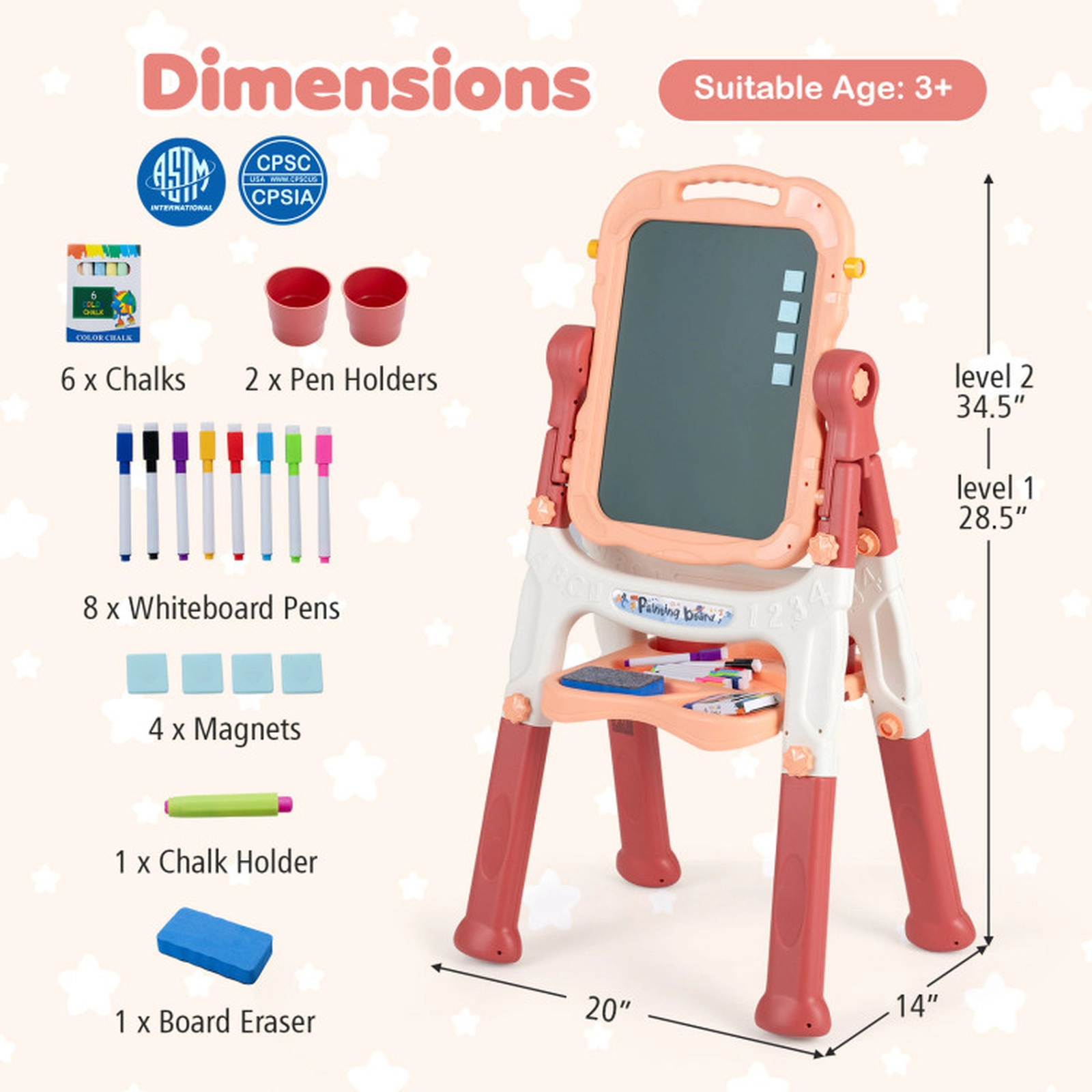 SUGIFT Pink 360-Degree Swivel Board and 2 Height Settings Kids Art Easel