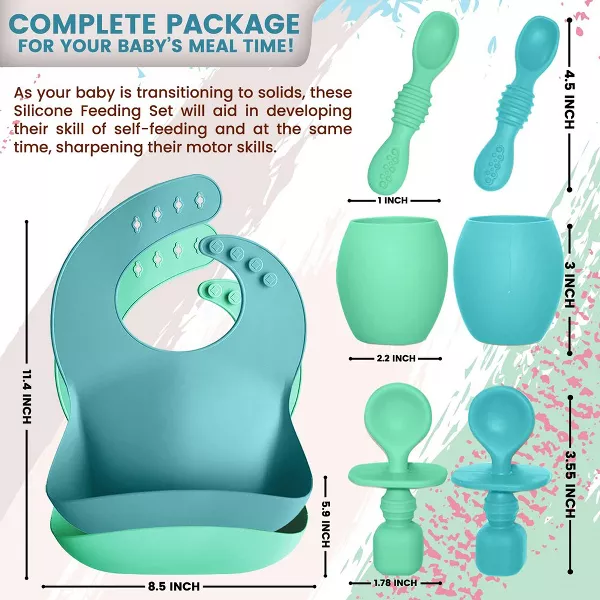 Sperric Baby Silicone Feeding Set 8-Piece - Led Weaning Utensils, Bibs, Infant Cups Toddlers