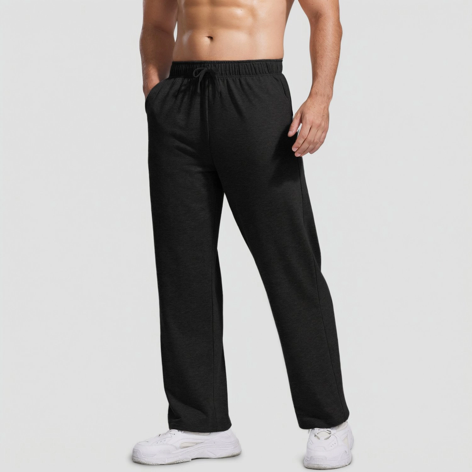 Pinspark Mens Solid Black Sweatpants Drawstring Waist Straight Leg Lounge Pants