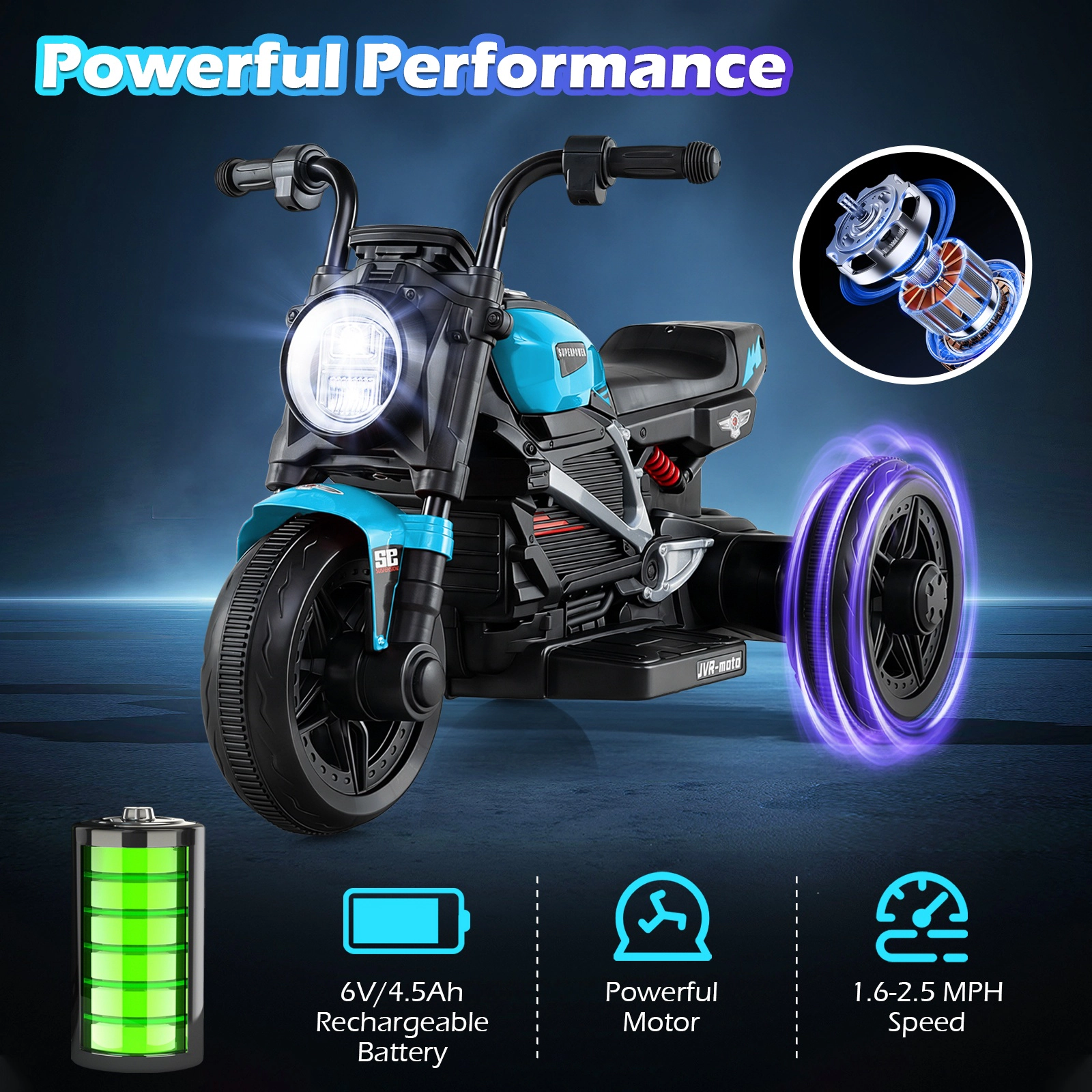 SUGIFT Blue LED Headlight and Music for Ages 3-5 6V Kids Electric Motorcycle