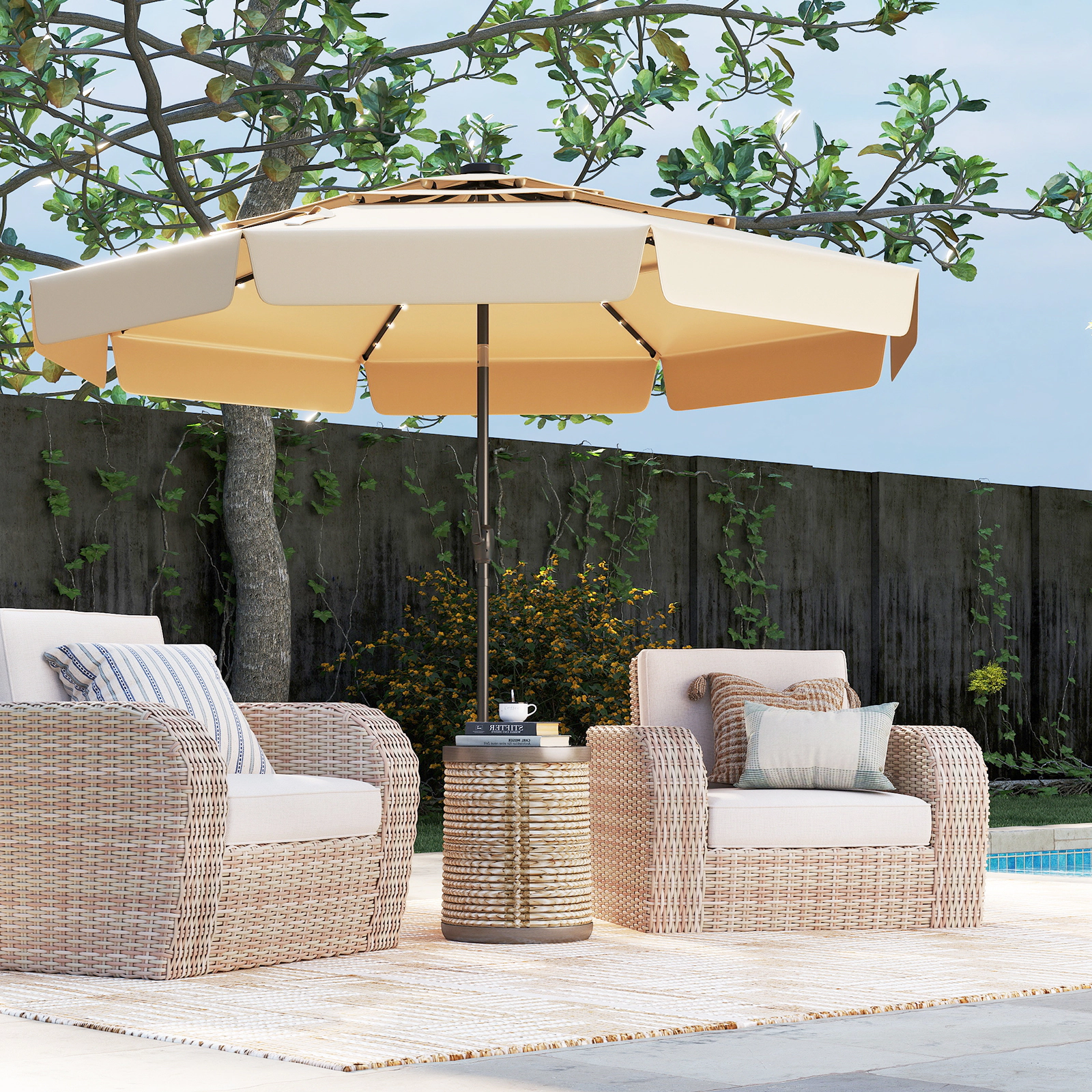 SUGIFT 3-Tier Vented Solar Patio Umbrella LED Lights 10-ft Canopy 10 x 8.1 in with Crank Handle & Push-Button Tilt Beige
