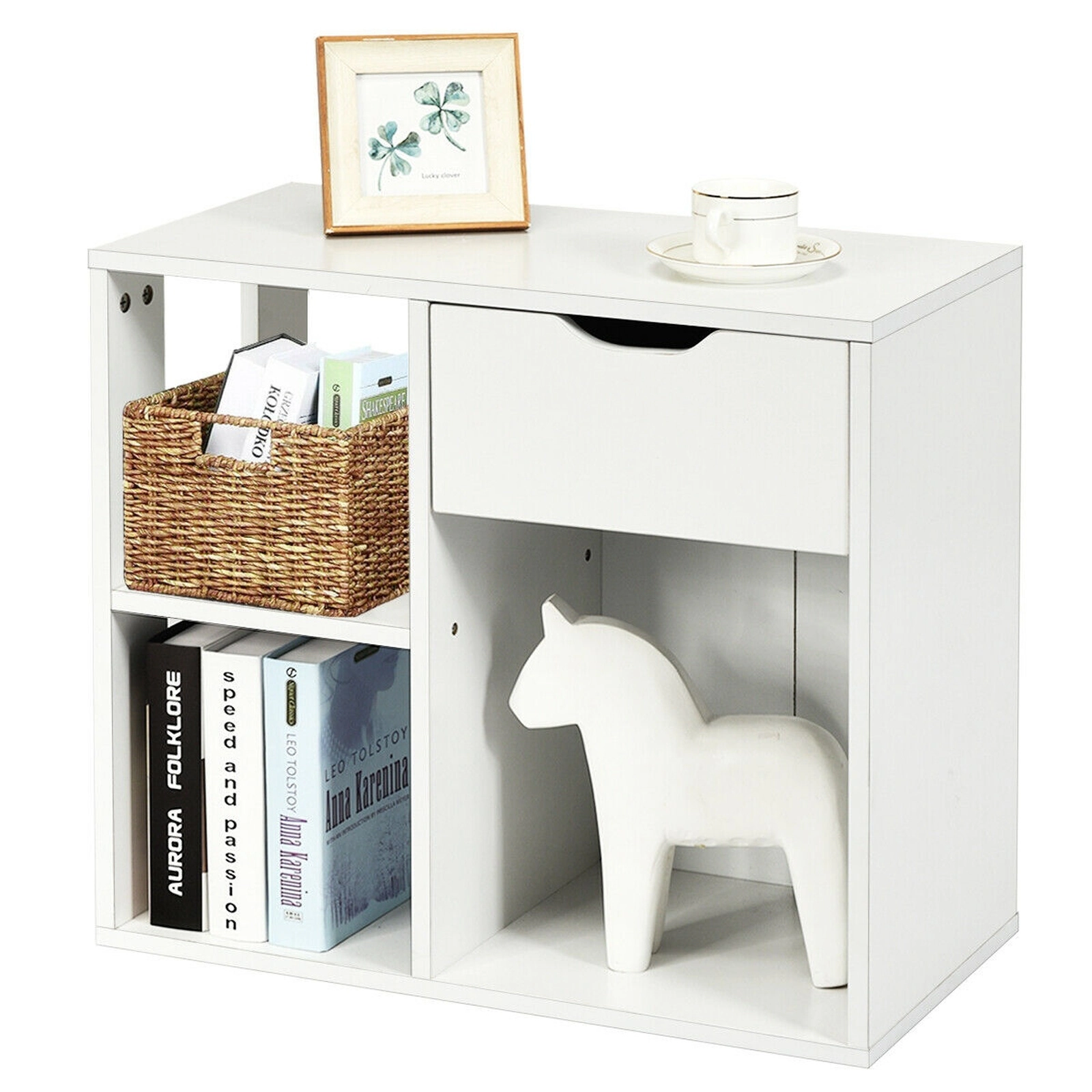 SUGIFT 3-Tier Bookcase Side Table with Drawer and Shelves 110-lb Top Capacity Rustic Brown / Black / White