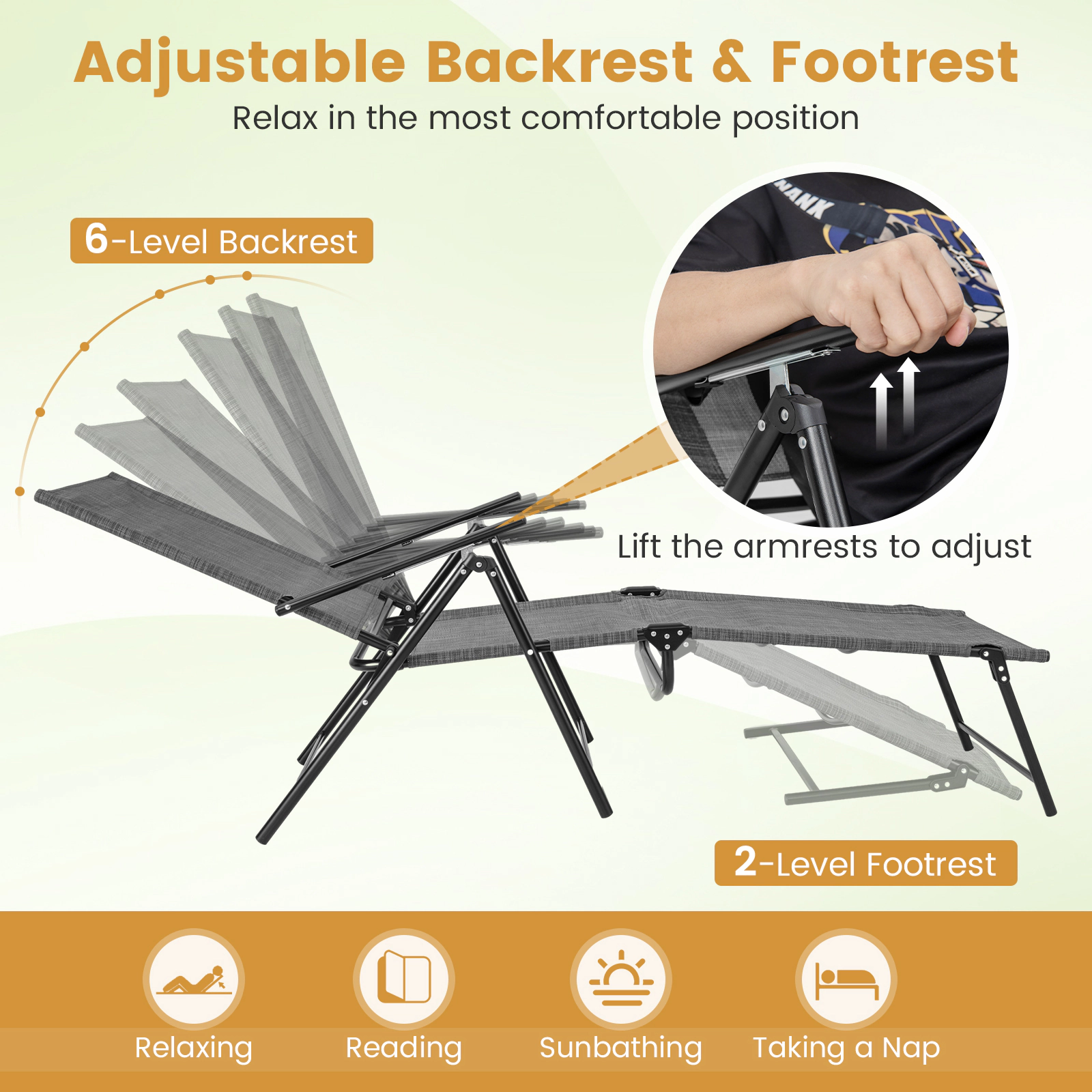 SUGIFT Gray 6-Level Backrest 2-Level Footrest 330-lb Set of 2 Folding Patio Chaise Lounge Recliners
