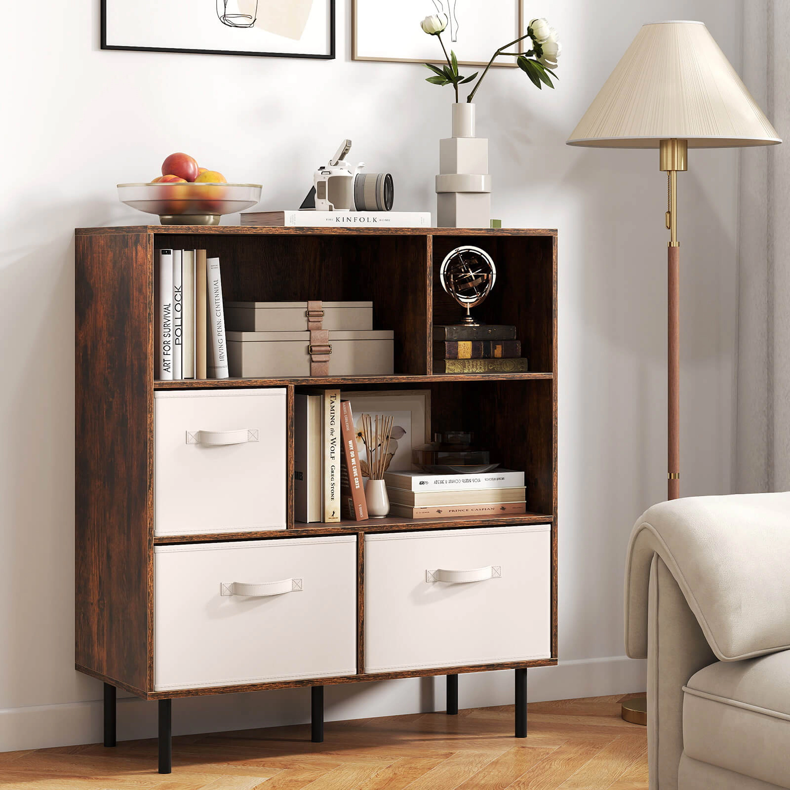 Costway 6-Cube Bookcase with 3 Removable Folding Fabric Drawers 2 Anti-tip Devices for Home Rustic Brown