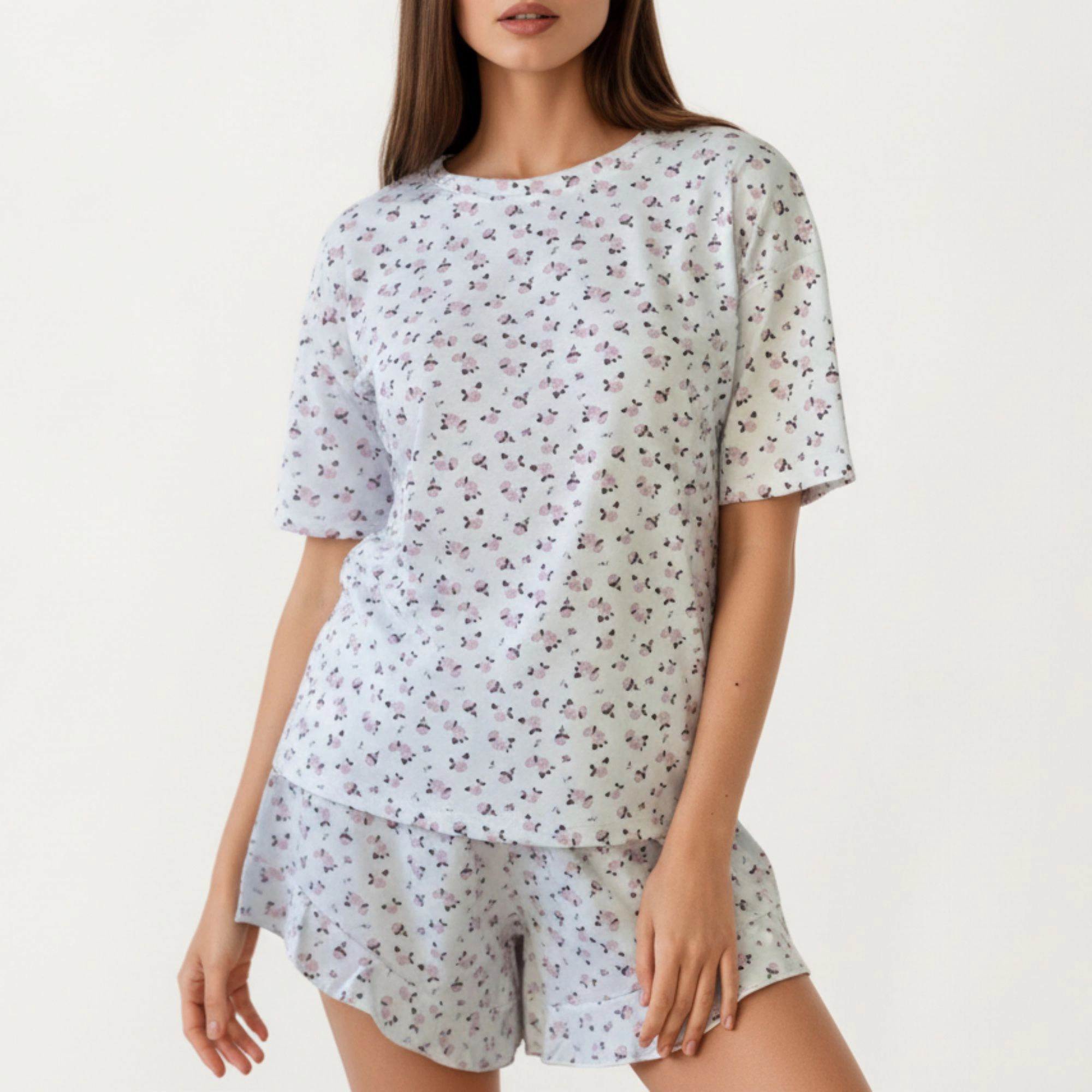 Anna-Kaci Women's Tiny Rose Print Crew Neck Pajama Set with Short Sleeves and Ruffle Trim Shorts