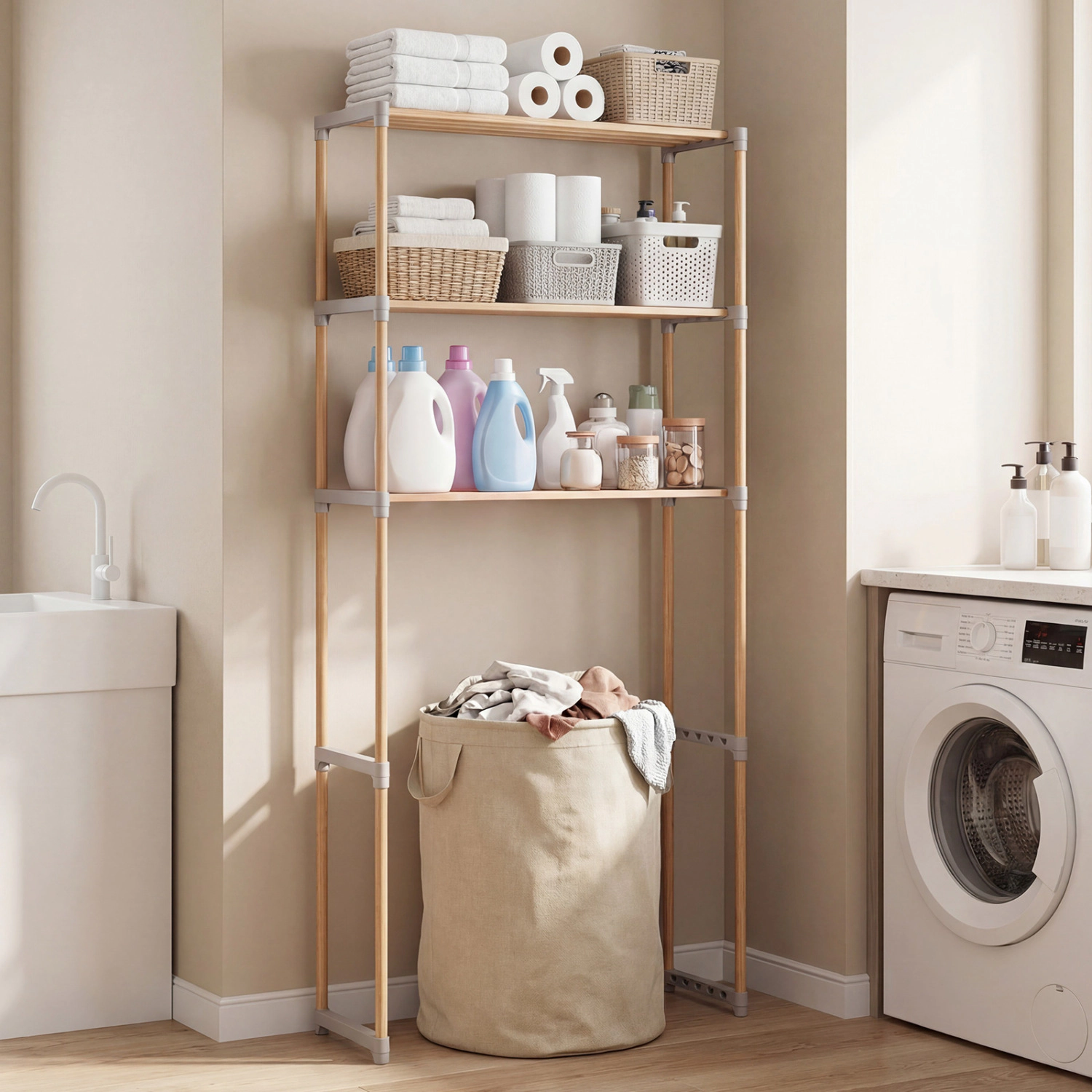 Slickblue Over Toilet Bathroom Shelf 3-Tier 58.5in Pine Wood Grey Storage Rack Laundry