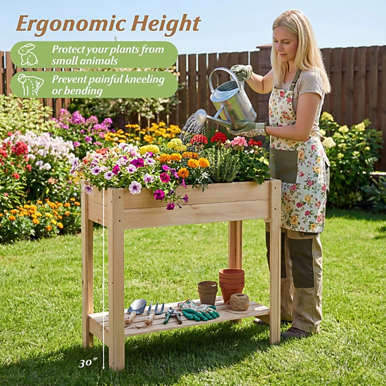 Hivvago Wooden Raised Garden Bed With Legs And Storage Shelf