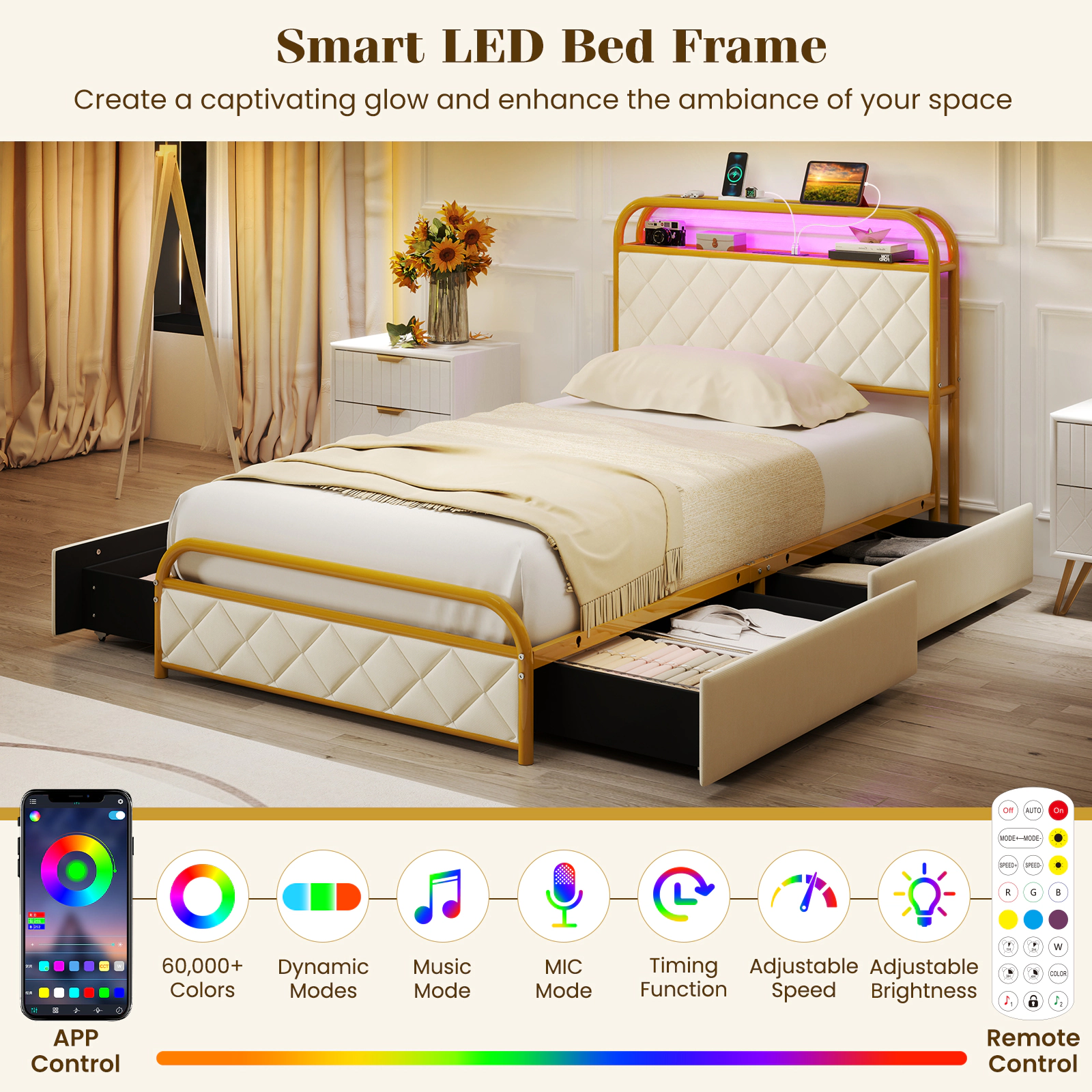 SUGIFT Twin Size Upholstered Bed Frame with LED Lights, Charging Station & Storage Drawers 440-lb Capacity Black/Golden