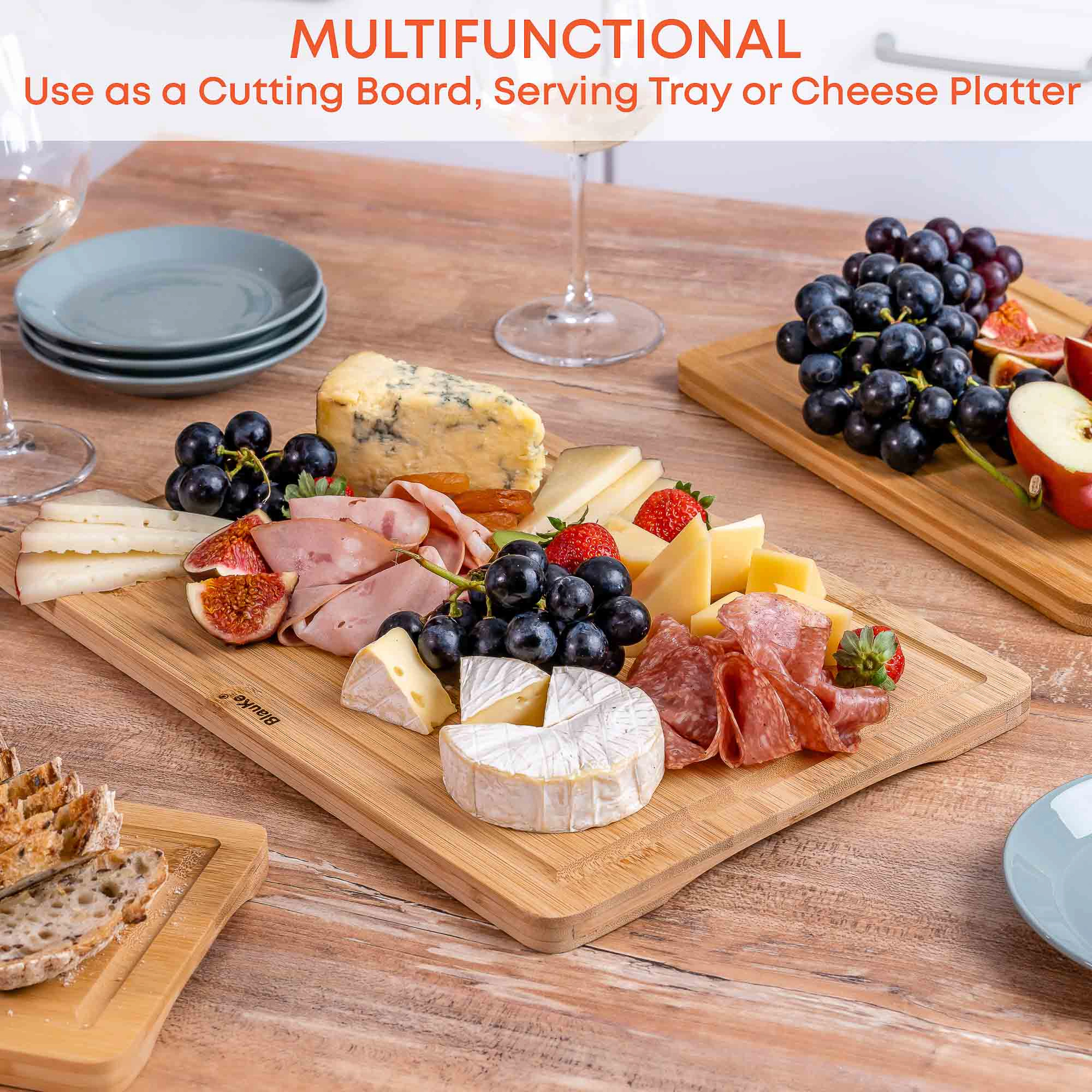 Wood Cutting Board for Kitchen - Wooden Serving Tray - 15x10inch Bamboo Chopping Board with Juice Groove and Handles