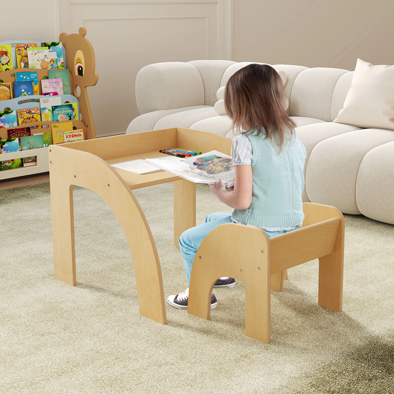 SUGIFT Natural Wide Tabletop and Curved Safety Edges Kids Table and Chair Set