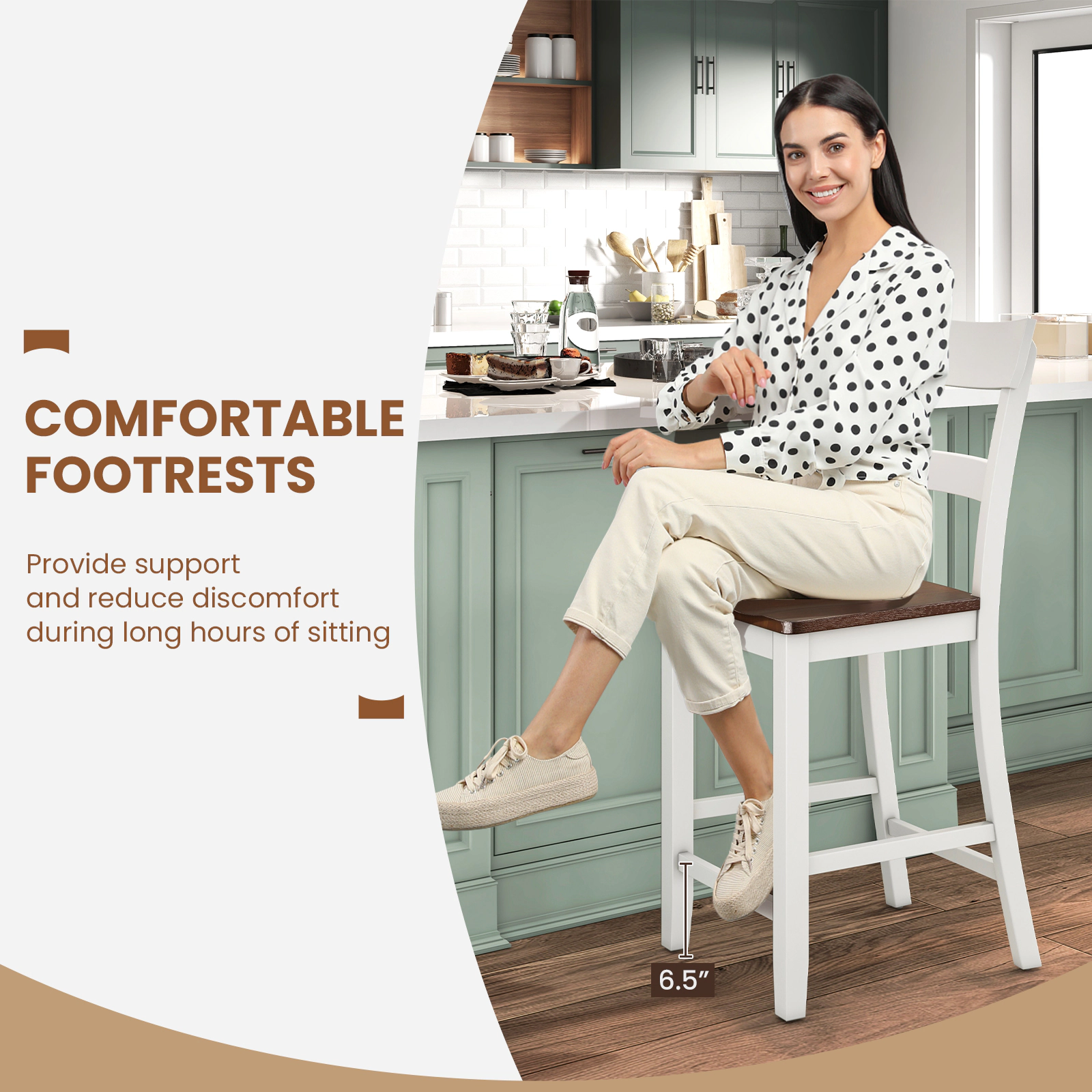 SUGIFT Dining Bar Stool Set of 2 with Solid Rubber Wood Frame 350-lb Capacity 24.5-in Seat Height 42-in Tall White