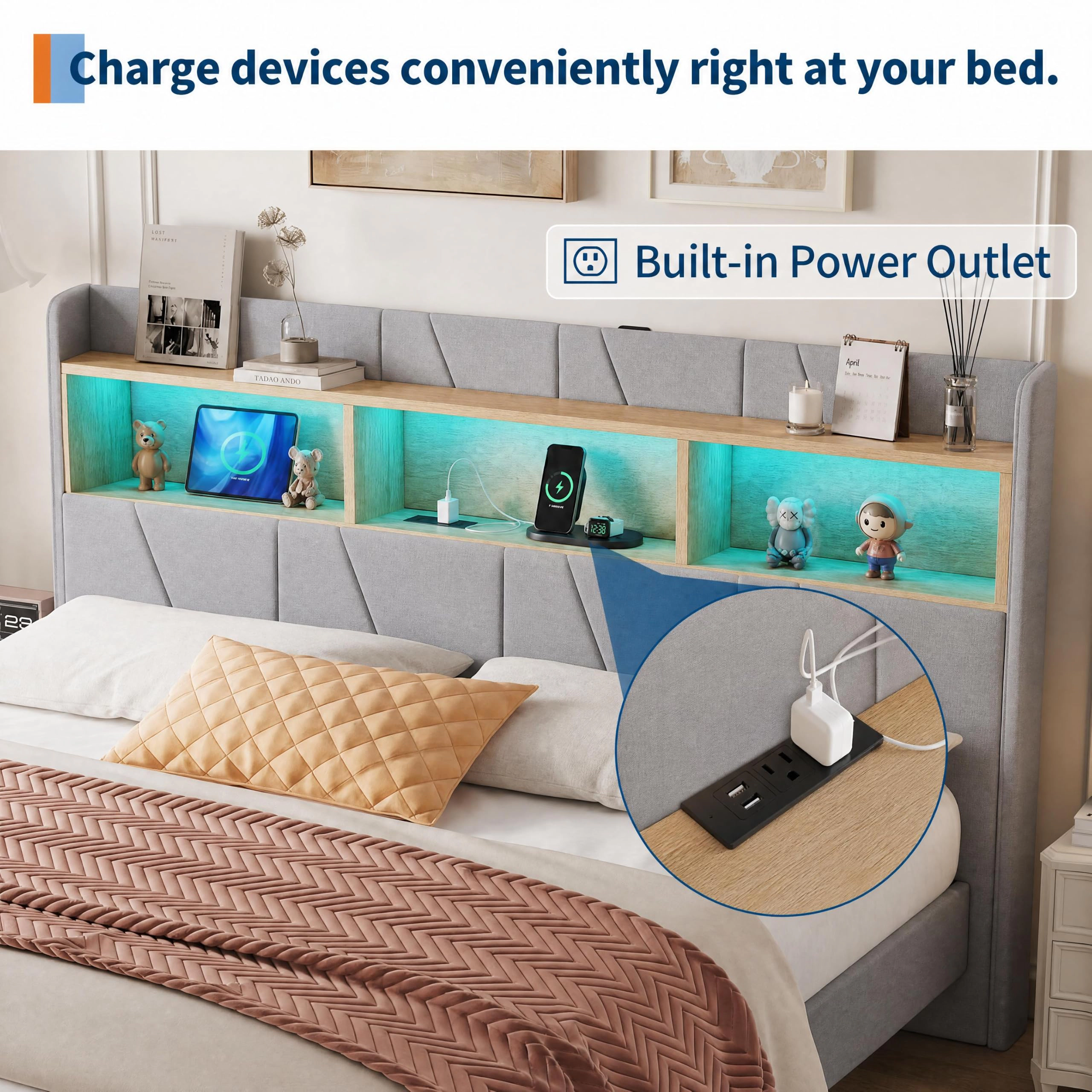 Linen Upholstered Platform Bed with 2 Drawers, Storage Headboard, Charging Station and RGB LED Lights