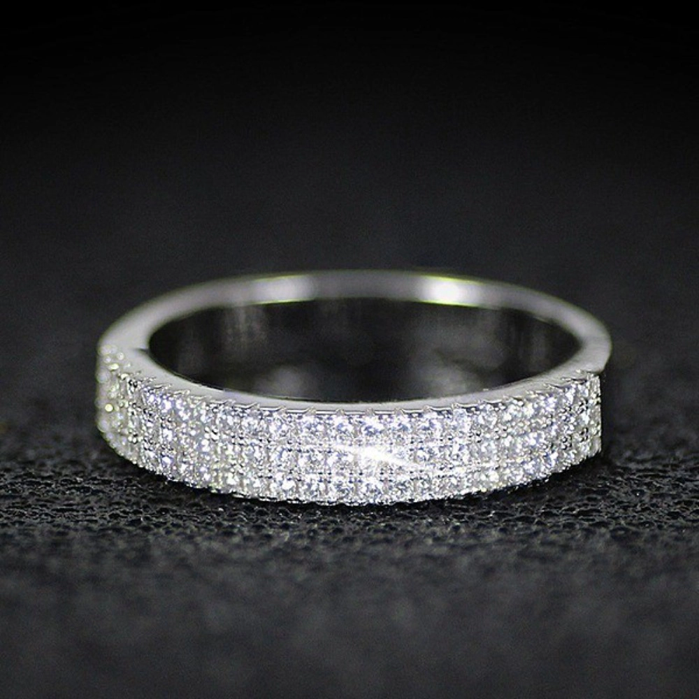 Wardrobe Whimsy Womens Three‑Row Pave Cubic Zirconia Eternity Silver Tone Stackable Wedding Band Ring