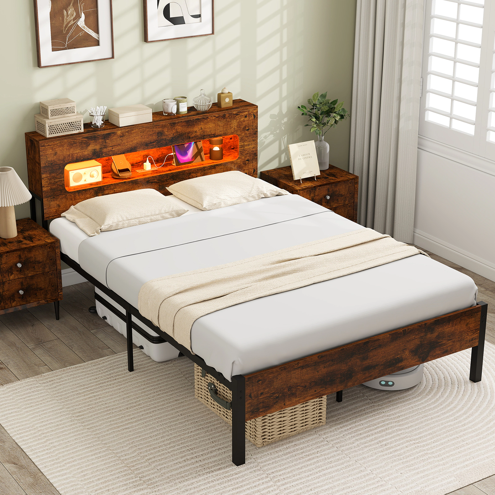 SUGIFT Full Platform Bed Frame with LED Storage Headboard, Full Size, Rustic Brown and Black
