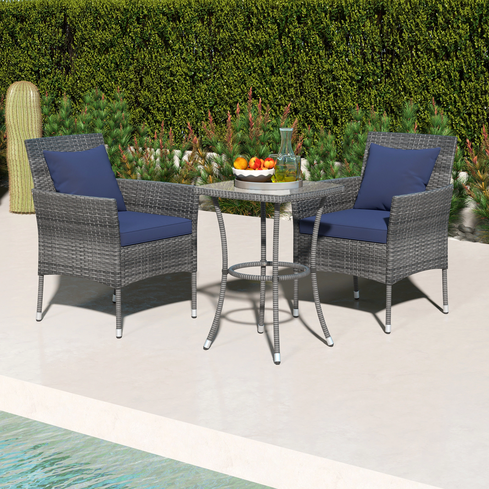 SUGIFT Navy Cushions and Tempered Glass Side Table 3-Piece Patio Rattan Chair Set