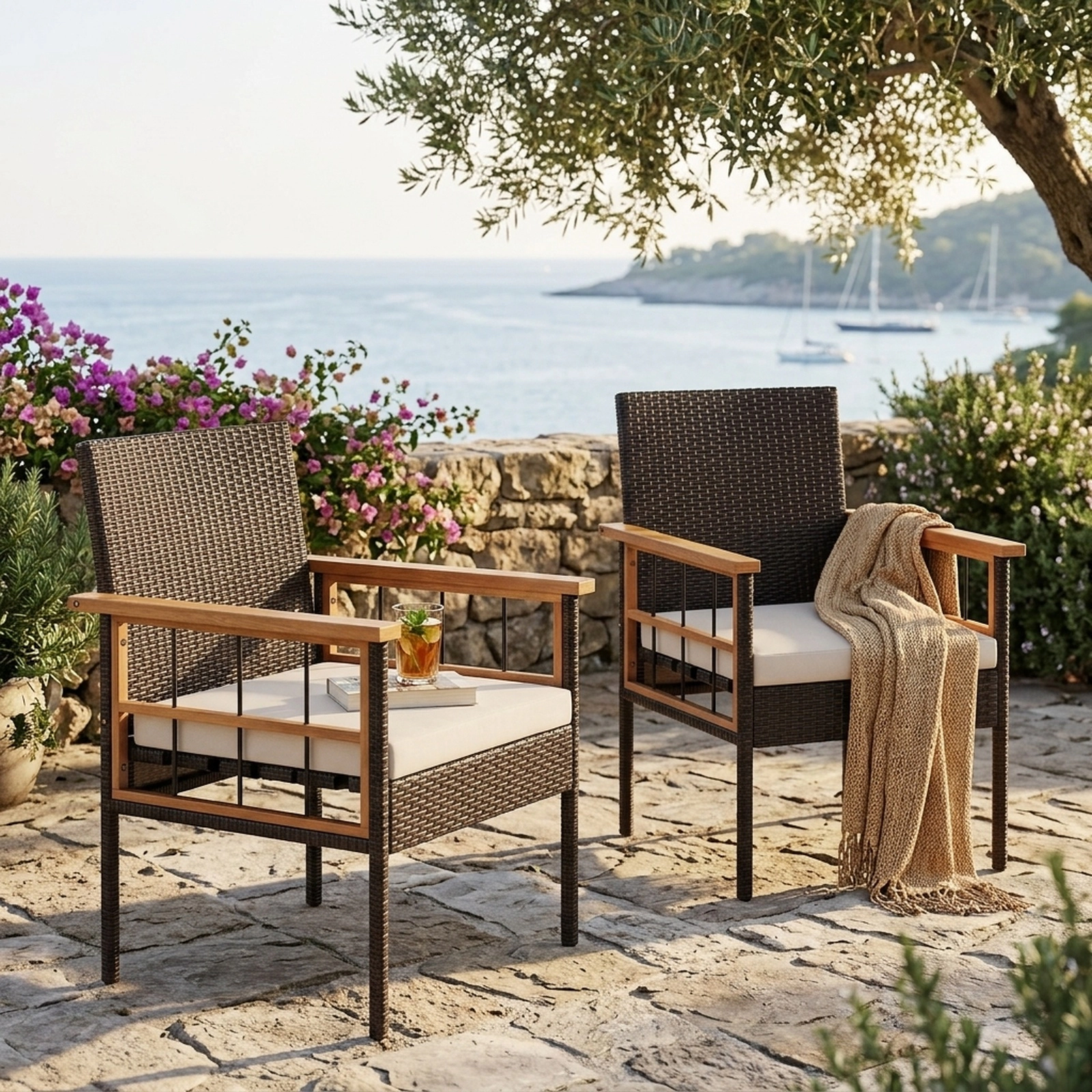 SUGIFT Patio Dining Chairs Set of 2, White Cushions, Acacia Wood and PE Rattan