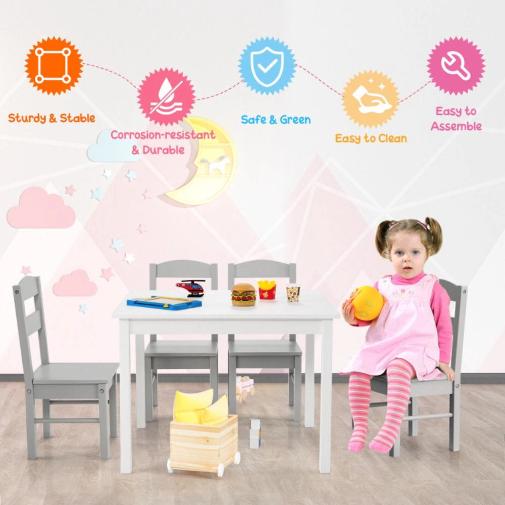 Hivvago Kids 5 Pieces Table And Chair Set Wooden Children Activity Playroom Furniture Gift