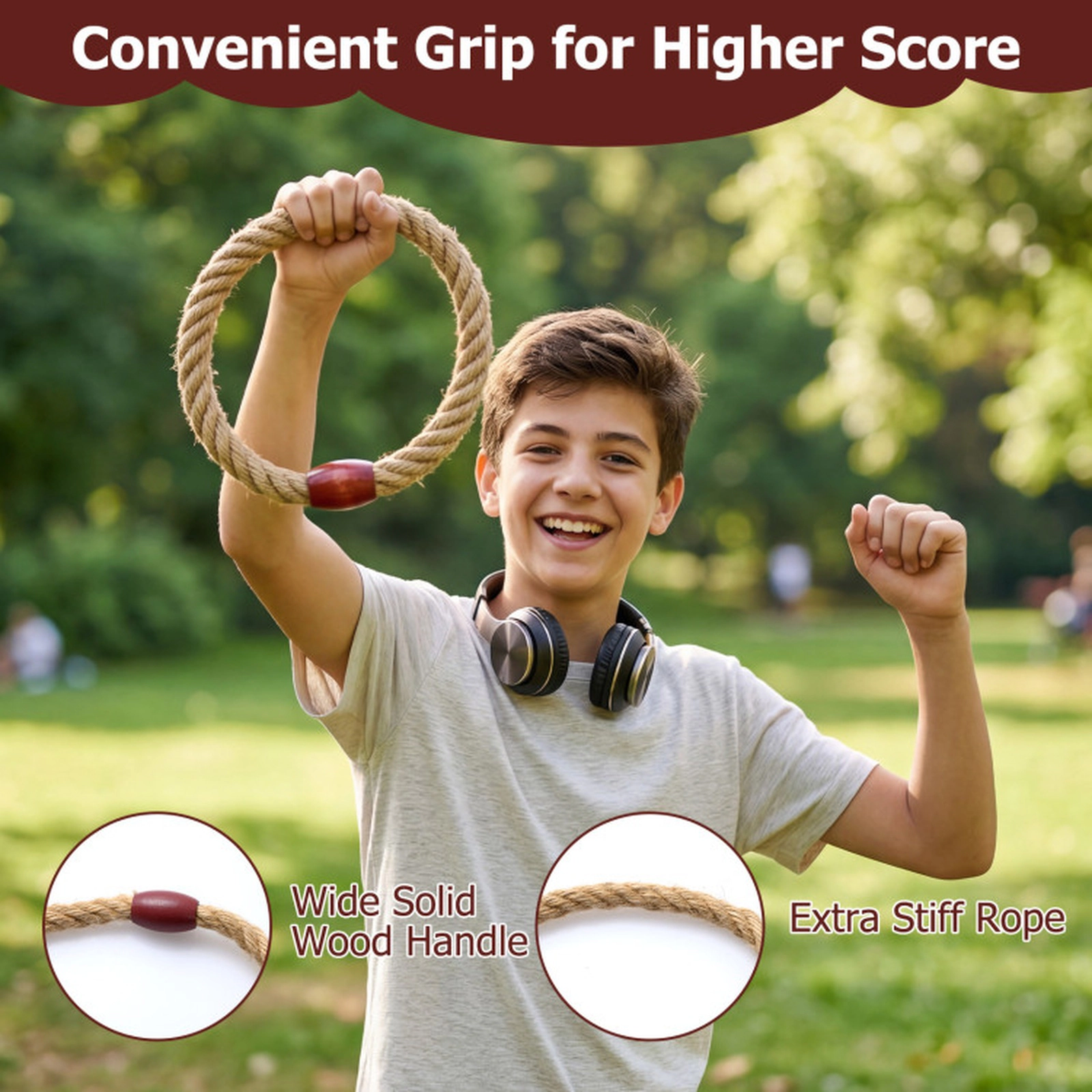 SUGIFT Brown Wooden Kids Ring Toss Game with 6 Hemp Rope Rings and Storage Bag 24-in W 16.5-in H Ages 3+