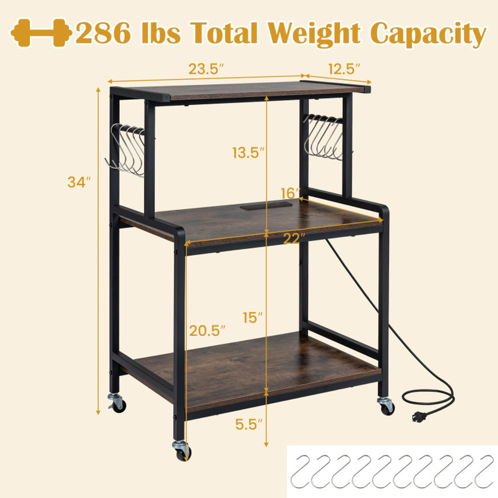 SUGIFT 3-Tier Rolling Microwave Cart with Power Outlet, Lockable Wheels and 10 Hooks 286-lb Capacity Rustic Brown