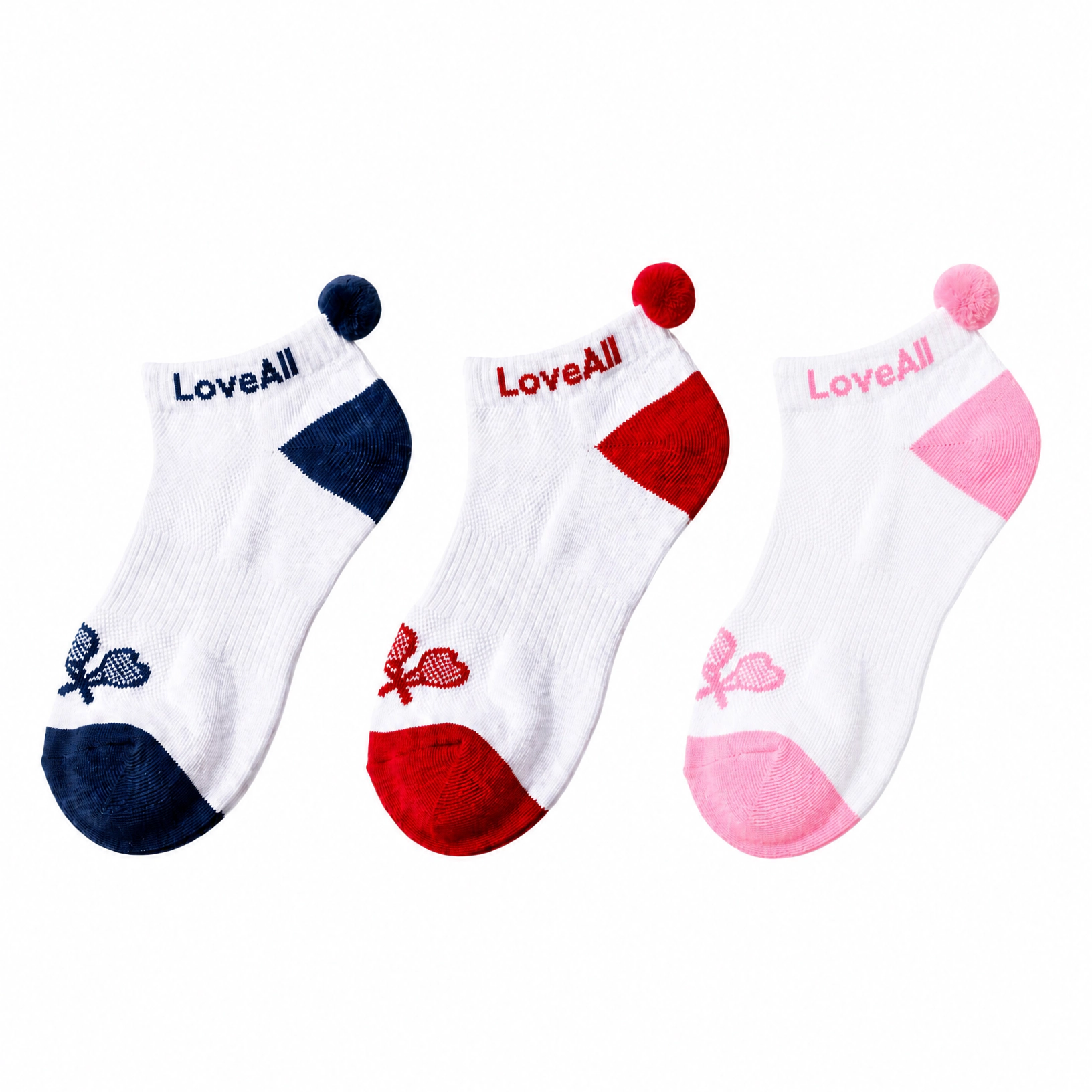 Love All Tennis Pom Pom Sock 3-Pack - Cotton Blend, Ribbed Fit