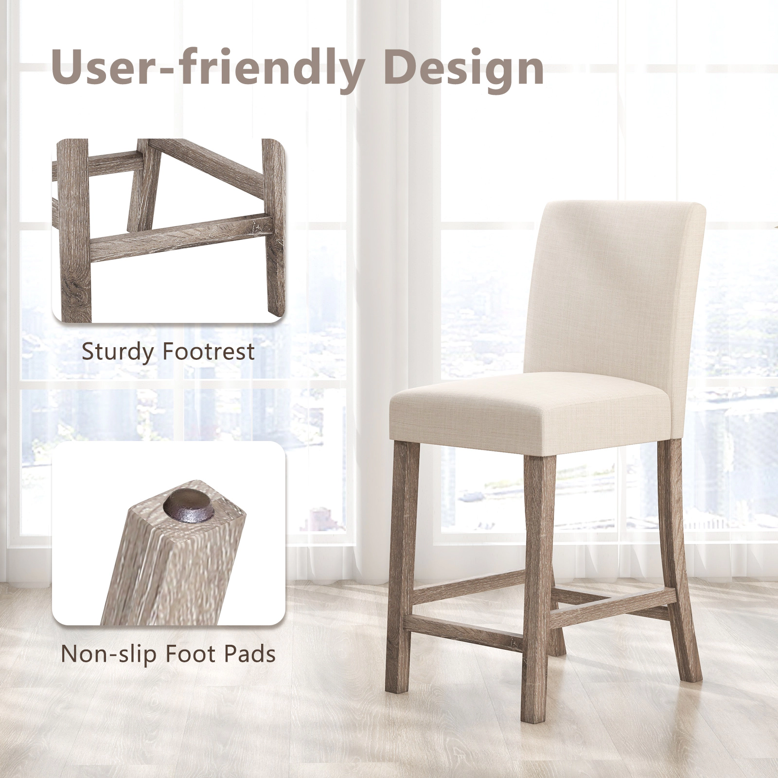 Glintex 2-Piece 24.5-Inch Linen Counter Stool Set with Ergonomic Backrest