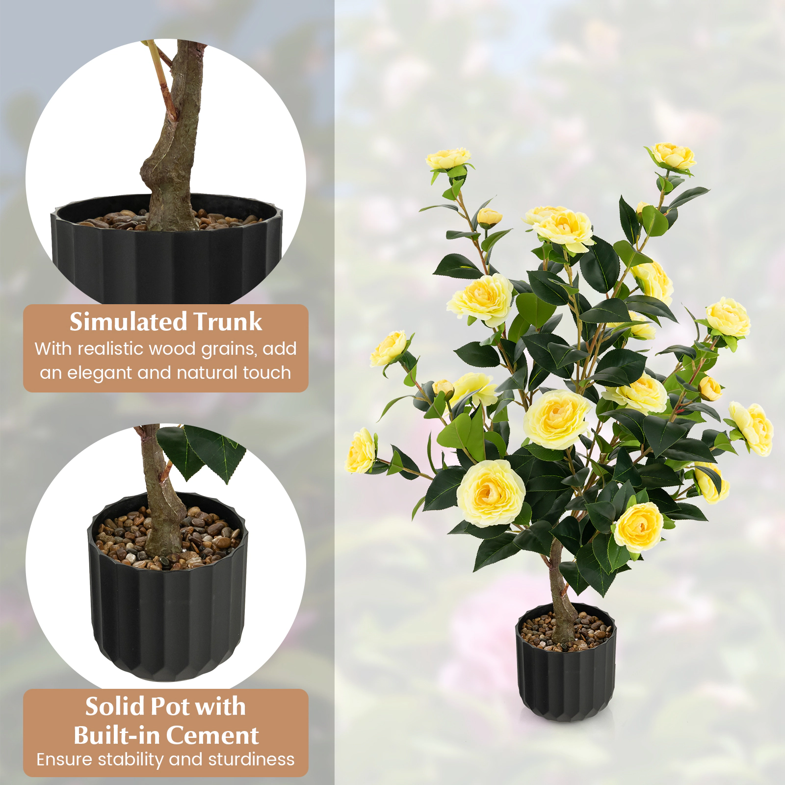 SUGIFT 38-in Artificial Yellow Camellia Tree with 24 Silk Blooms 186 Leaves and Pebble-Topped Pot