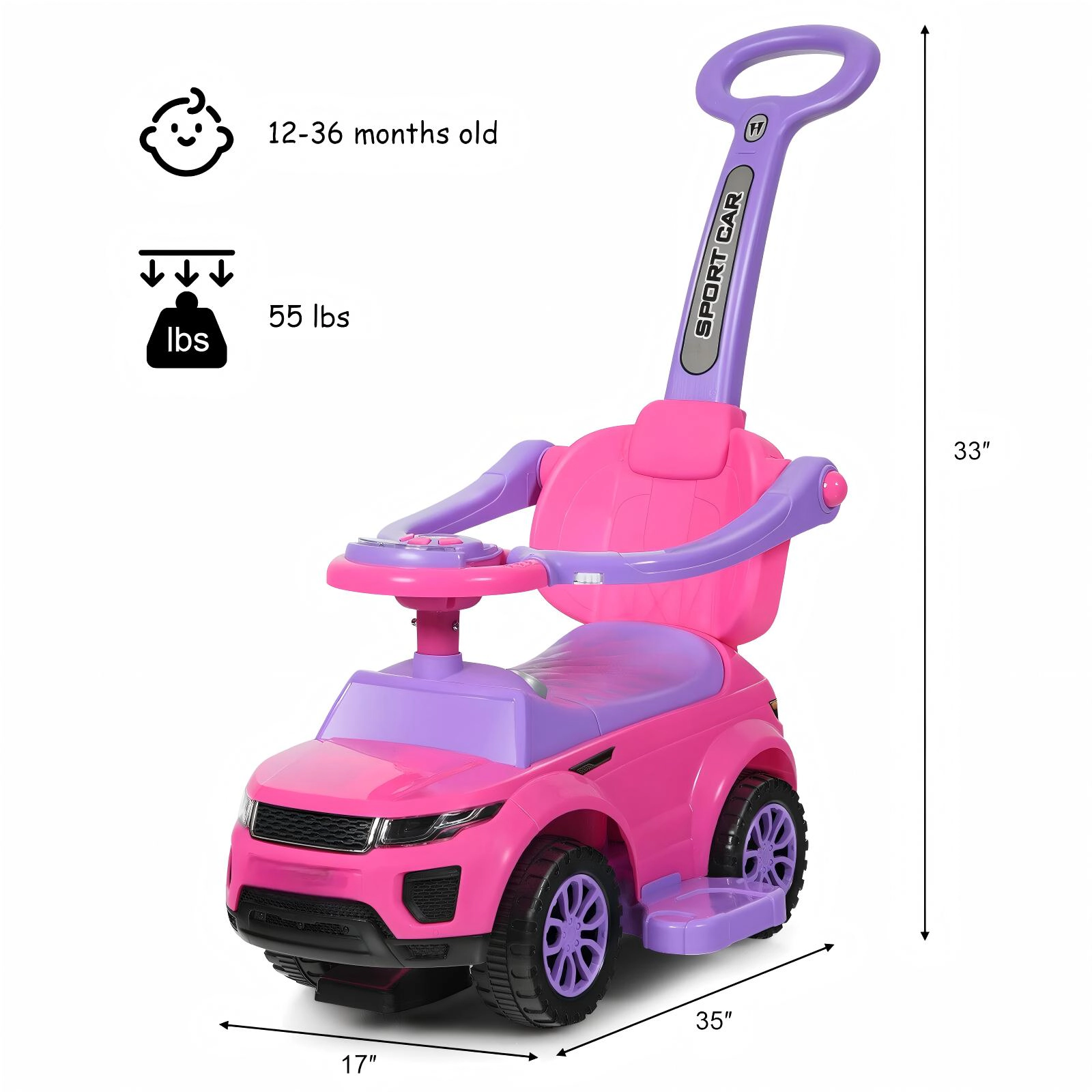 SUGIFT Pink Toddler 3-in-1 Ride-On Push Car Stroller with Music and Storage 35-in W 33-in H 55-lb Rider