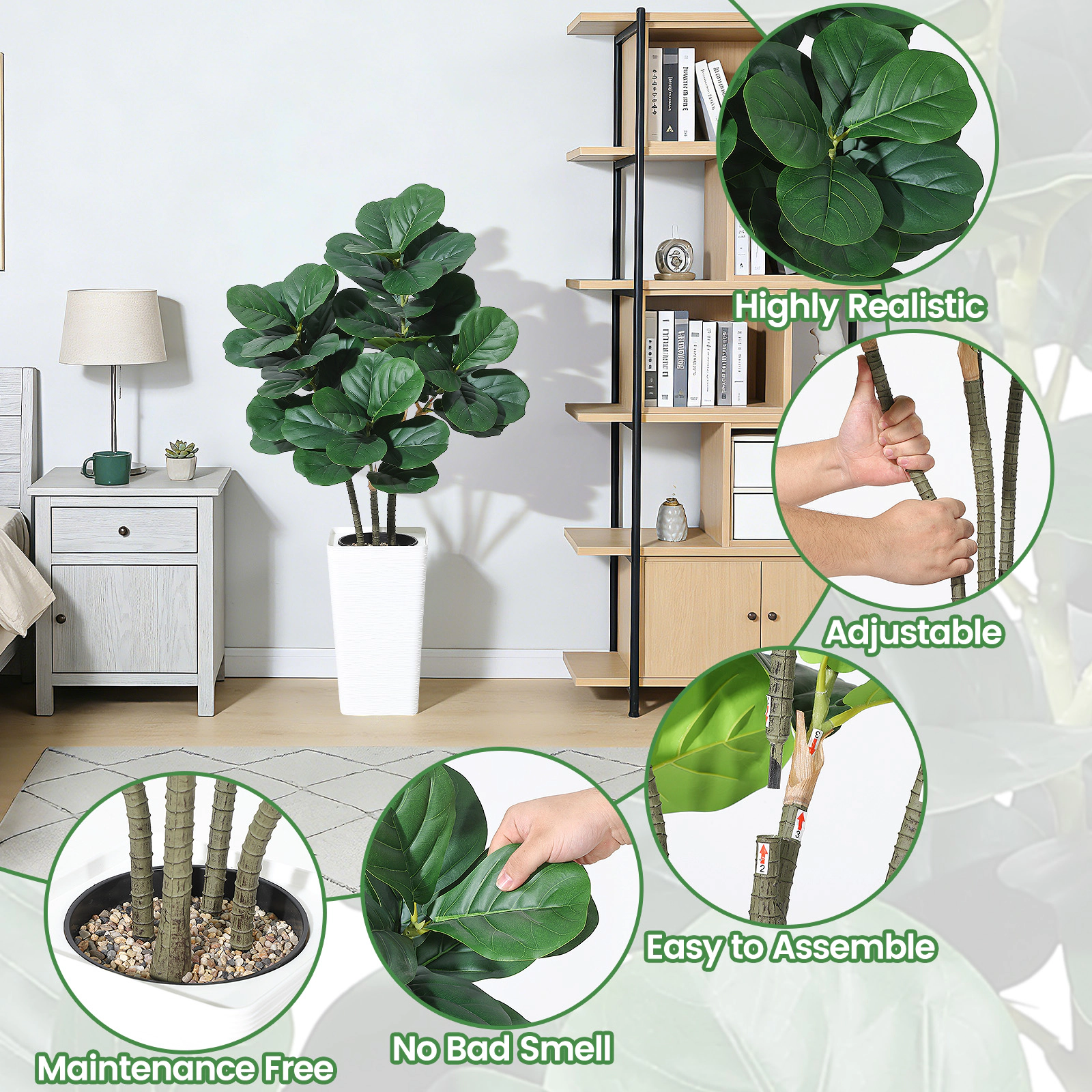 4FT Artificial Fiddle Leaf Tree Faux Ficus Lyrata Silk Plant with White Planter, Realistic Floor Fig for Living Room