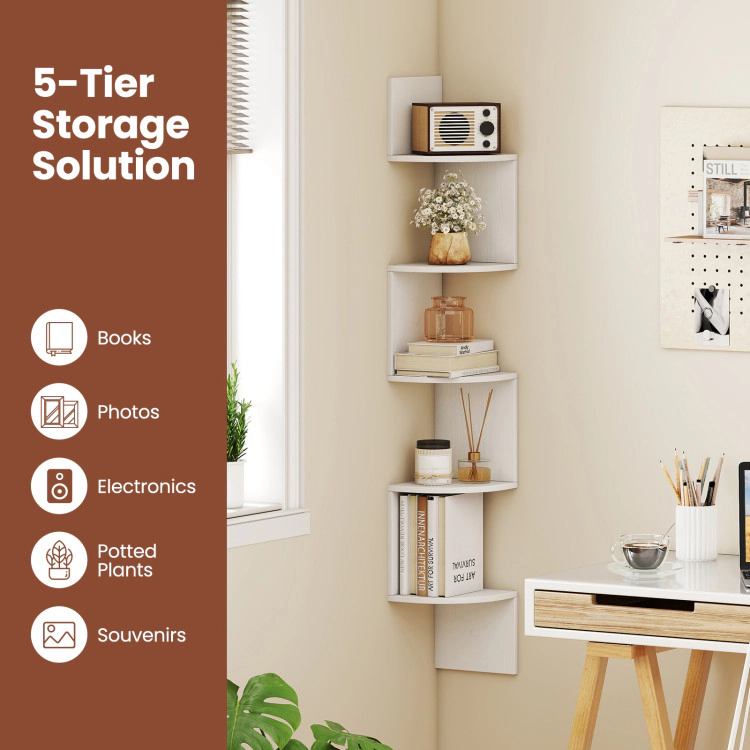 Hivvago Floating Corner Shelf with 5 Open Tiers and Wall-Mounted Design