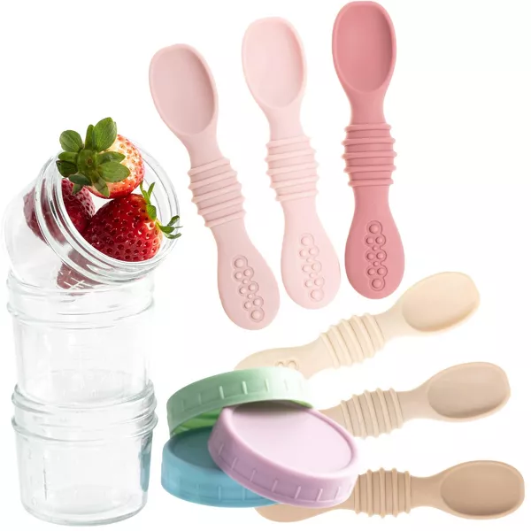 Sperric 12-Pack Glass Baby Food Storage Jars w/ Lids, 6-Pack Silicone Self-Feeding Spoons – BPA-Free Leakproof
