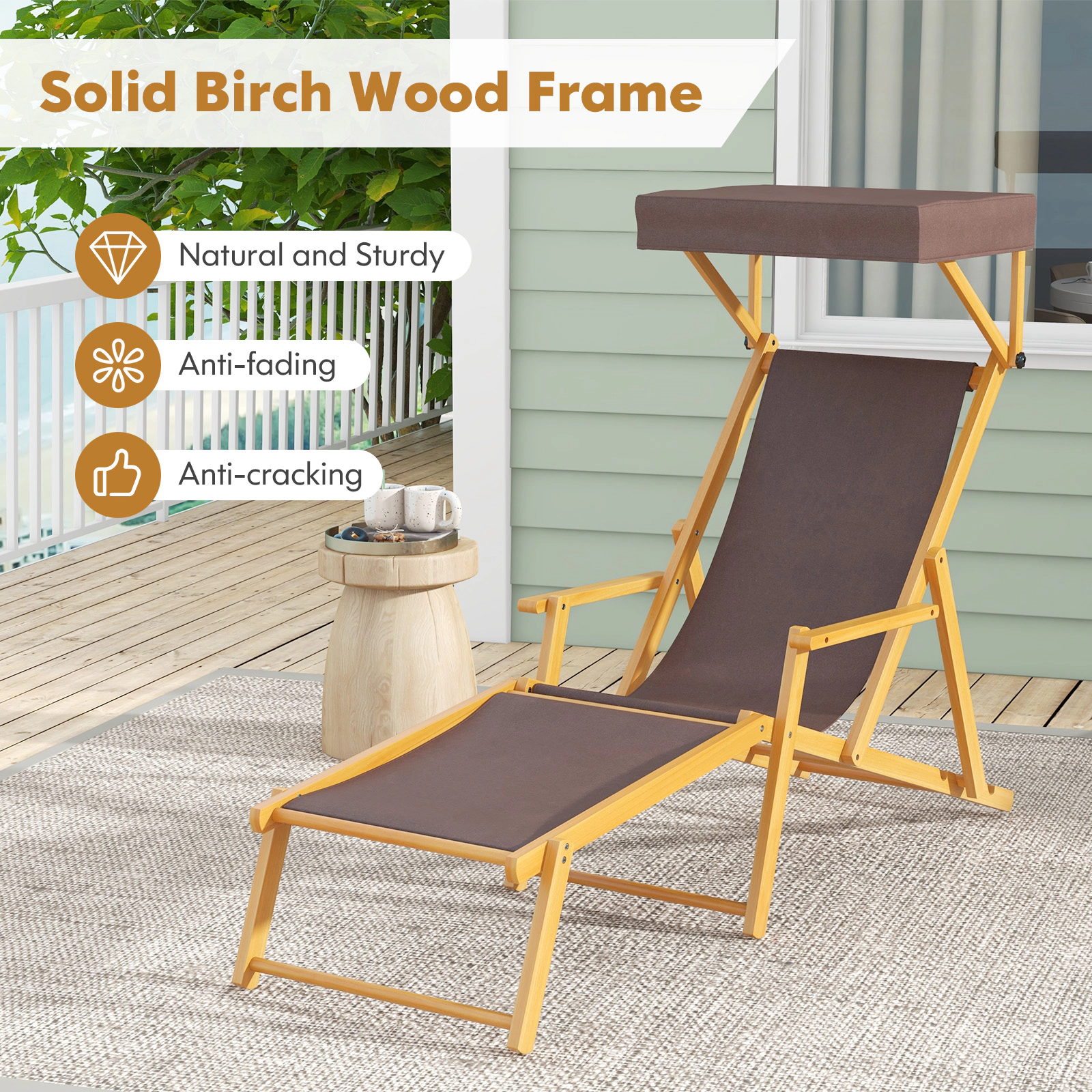SUGIFT Foldable Birch Wood Chaise Lounge Beach Chair Adjustable Canopy 220-lb Capacity Brown+Natural with Replacements
