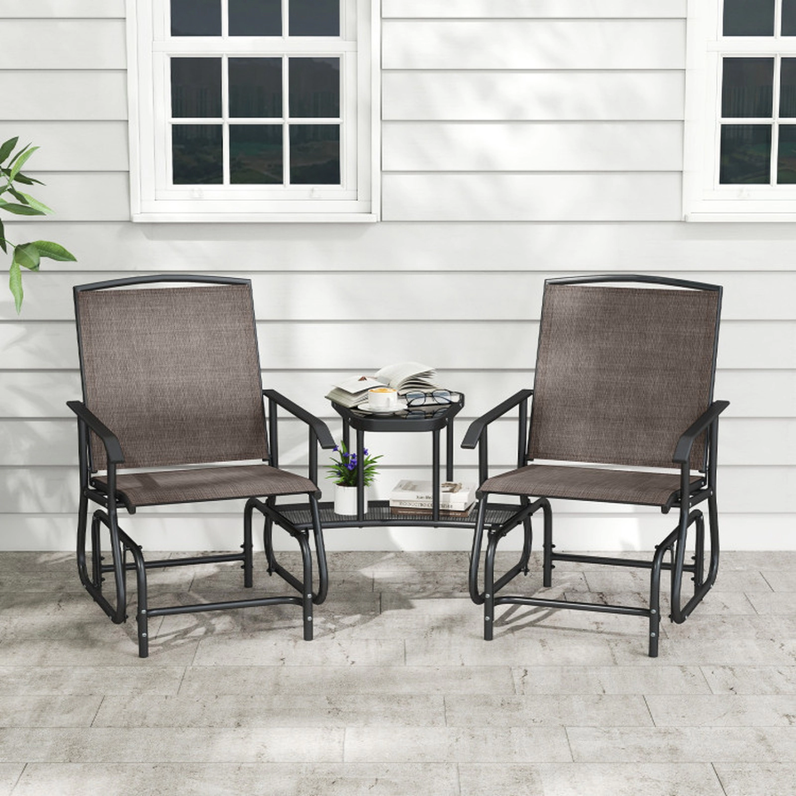 SUGIFT 2-Tier Center Table and Mesh Fabric 2-Seater Outdoor Glider Bench