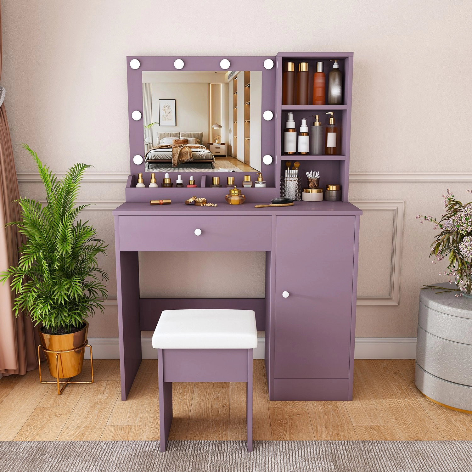 GBruno LED Lighted Purple Vanity Desk With Stool