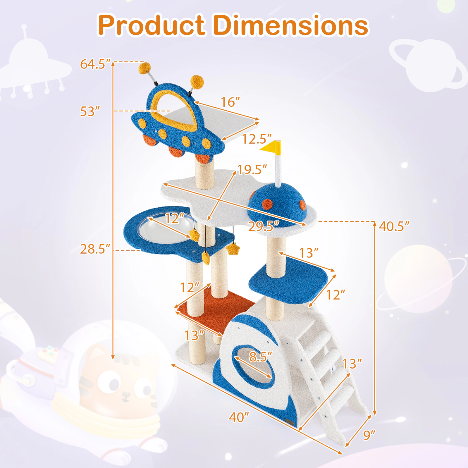 SlickBlue Unisex 64.5 Inch Space Theme Cat Tree with Space Capsule