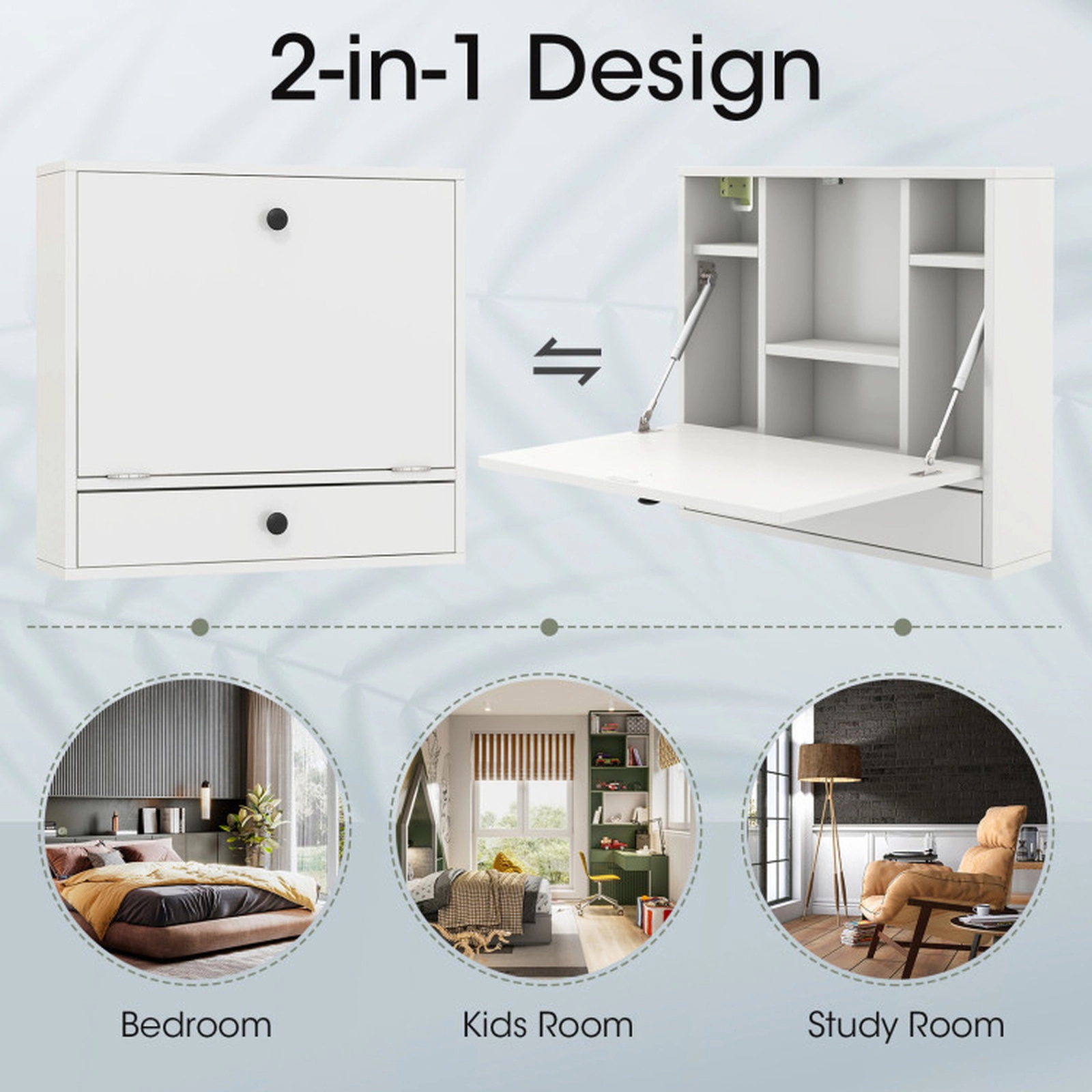 SUGIFT White Wall-Mounted Floating Desk with Fold-Down Top, 6 Shelves and Drawer