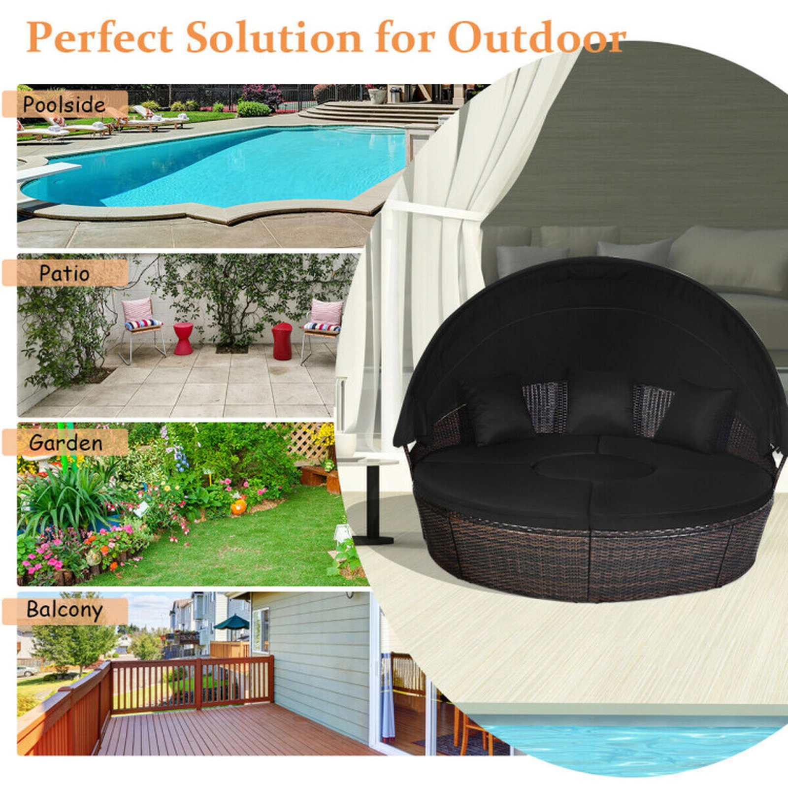 SUGIFT Outdoor Round Daybed with Retractable Canopy 705-lb Capacity Black/Turquoise/Off White