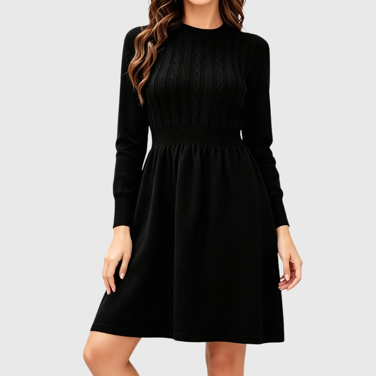 YesFashion Women Sweater Dress Long Sleeve Crewneck High Waist A-Line Knitted Cute Mini Dresses
