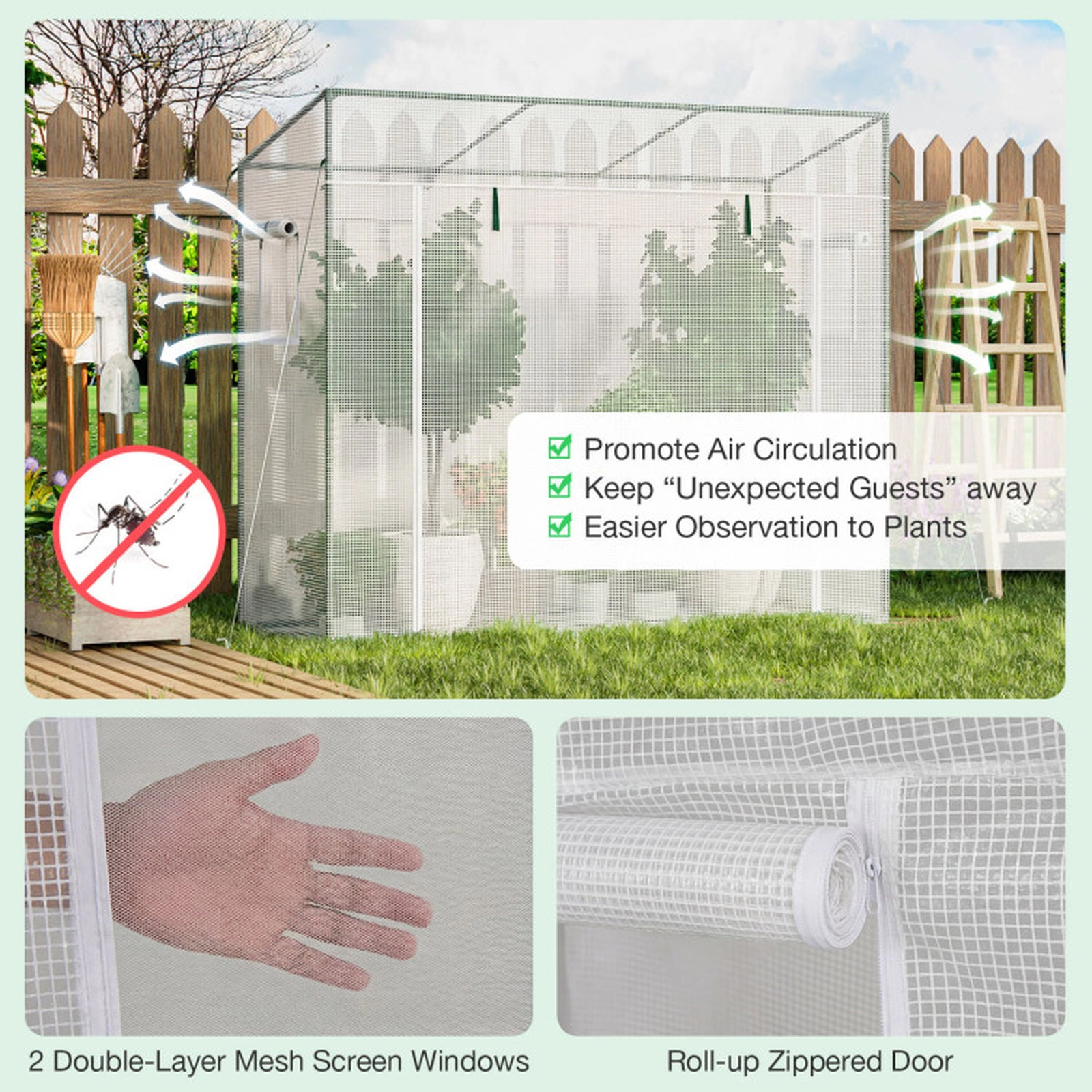 SUGIFT 6.6-ft x 2.5-ft Walk-in Greenhouse with PE Cover Roll-Up Zipper Door and 2 Mesh Screen Windows