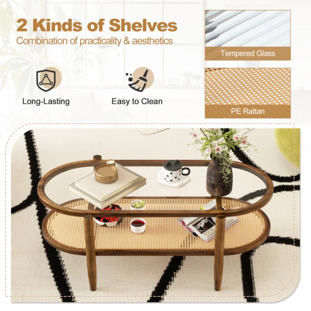 Hivvago Acacia Wood Coffee Table with Clear Glass Top and Lower Storage Shelf