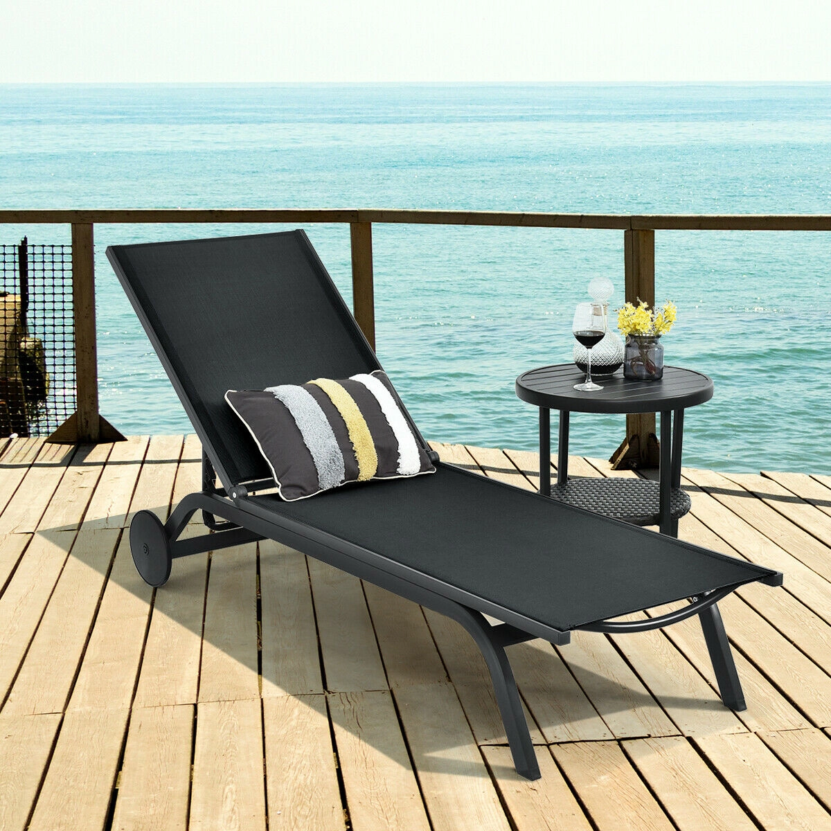 SUGIFT Adjustable Aluminum Fabric Outdoor Patio Lounge Chair 76-in Long 330-lb Capacity 6-Position Backrest Black Brown