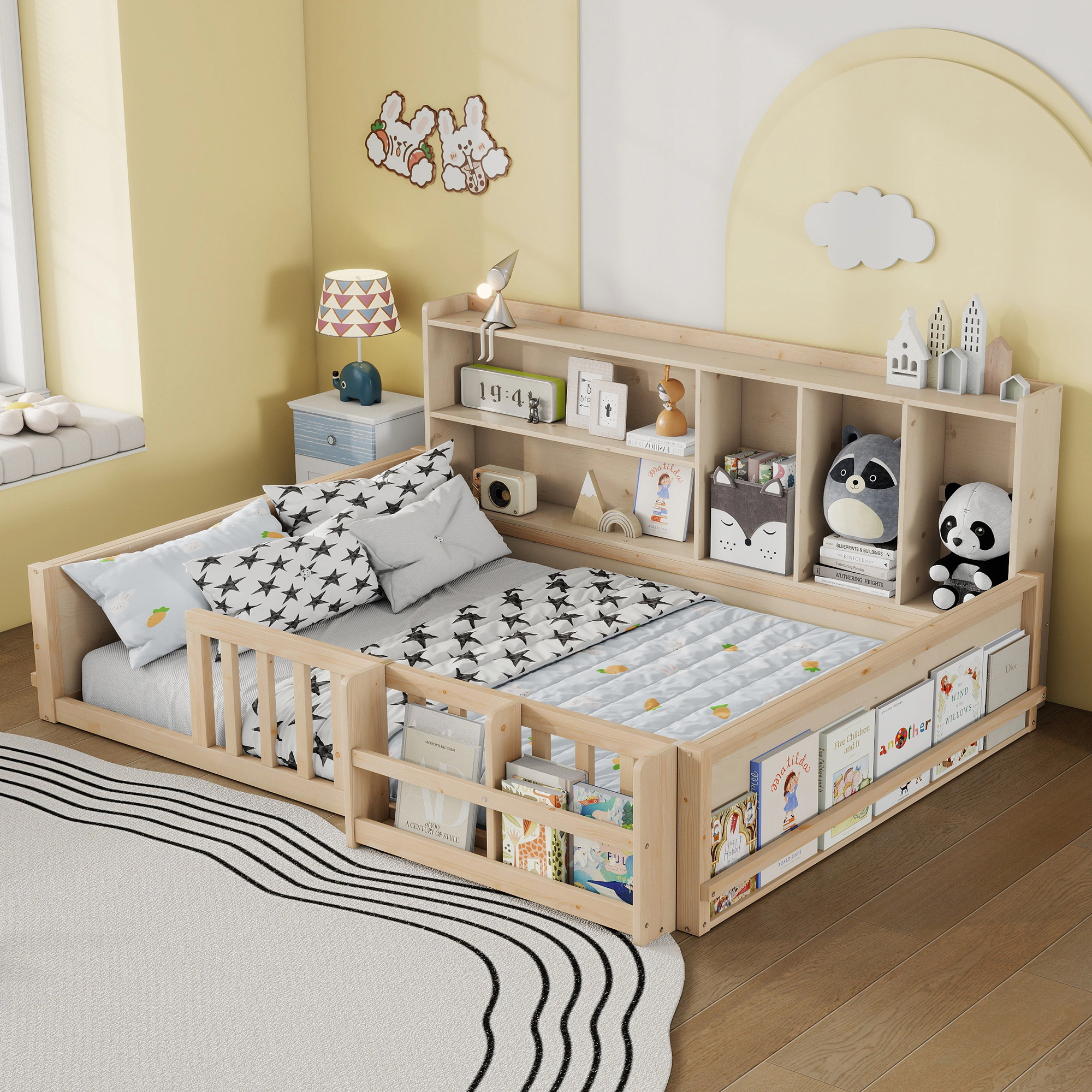 Flynama Full Kids Wood Platform Bed, Guardrail Fence & Storage Shelves, Natural