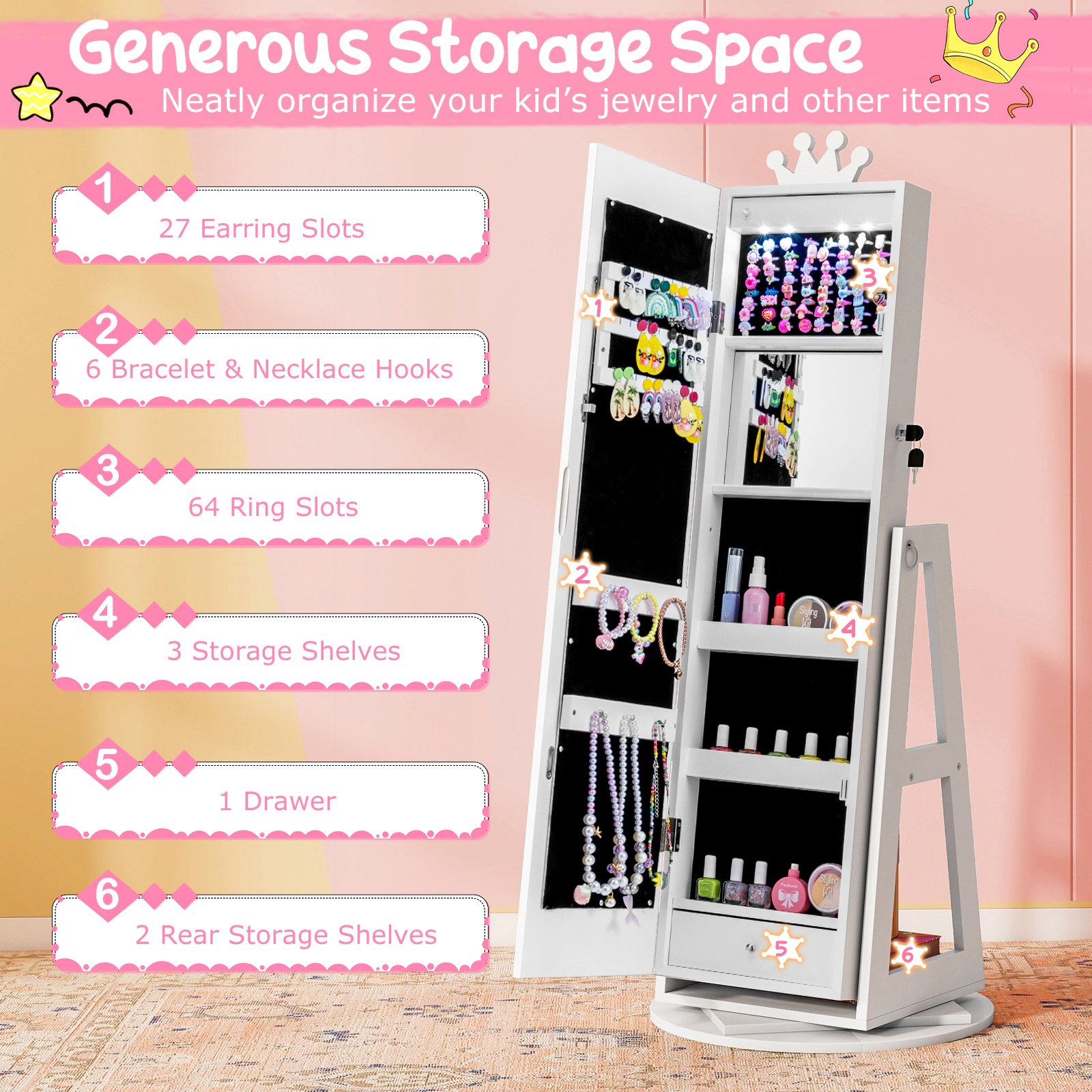 SUGIFT White 360-Degree Rotation Lighted Mirror and Storage Rack 3-in-1 Kids Jewelry Cabinet