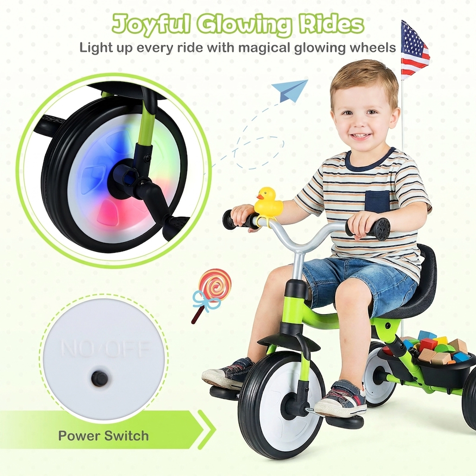 SUGIFT Folding Toddler Tricycle with 3-Position Seat Storage Basket and Lighted Wheels 45-lb Capacity Ages 1-3 Green