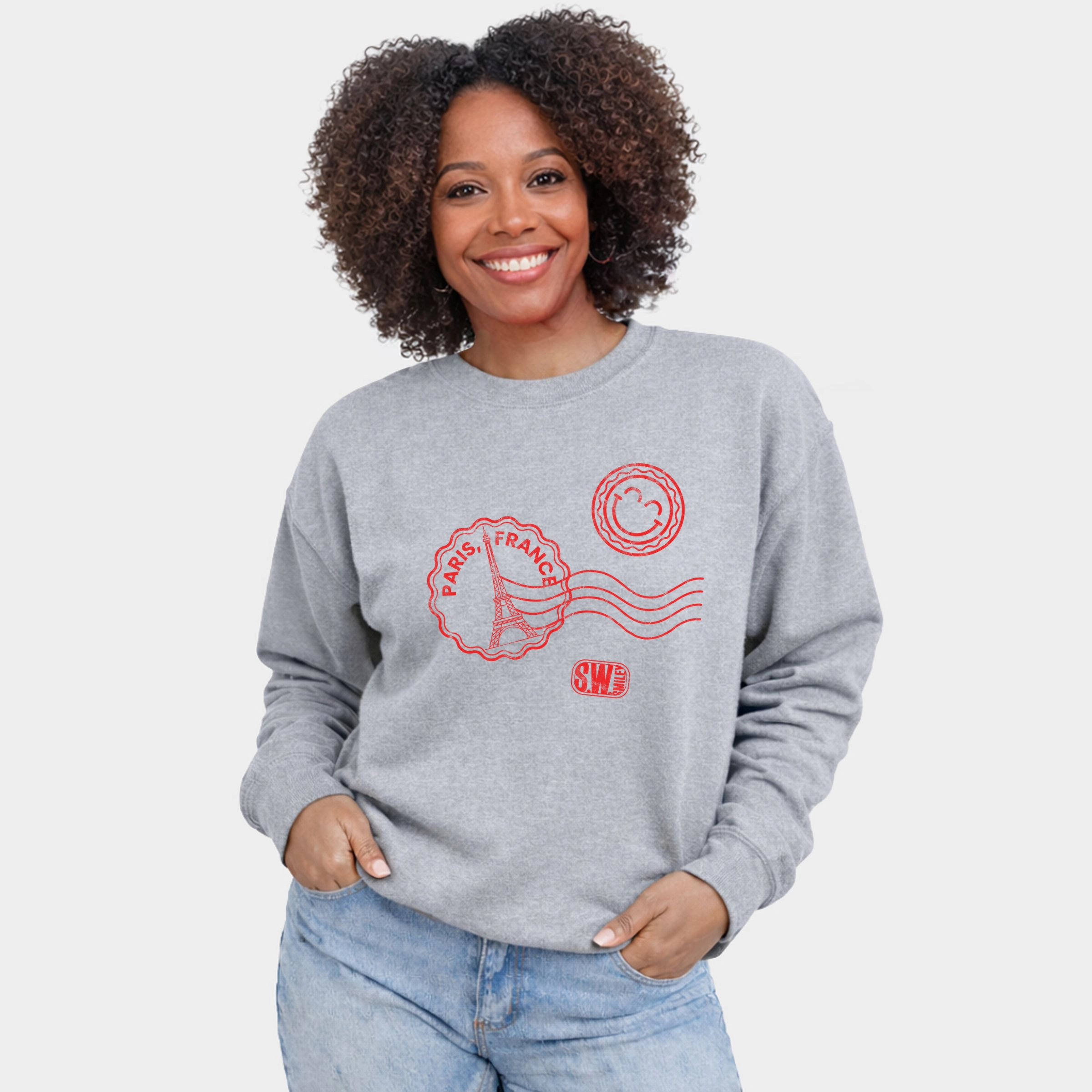 Simply Sage Market - Women's Graphic Sweatshirt S.W.Smiley Paris France Stamps