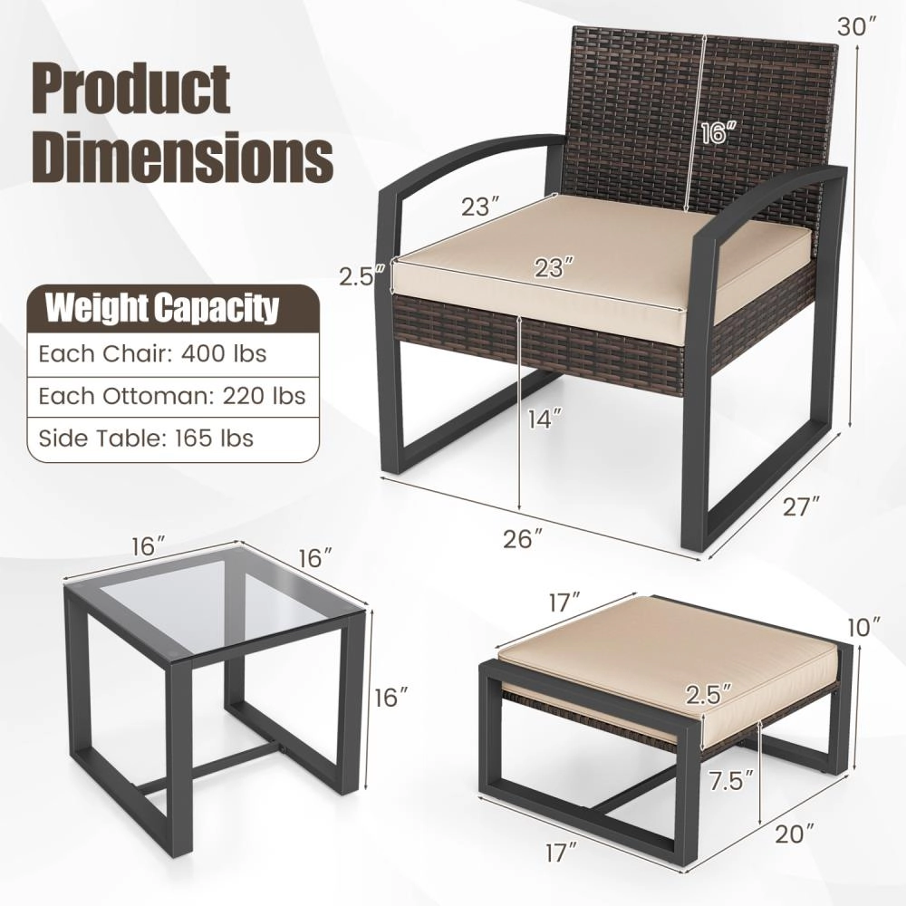 Hivvago 5-Piece Patio Conversation Set With 2 Ottomans And Tempered Glass Side Table